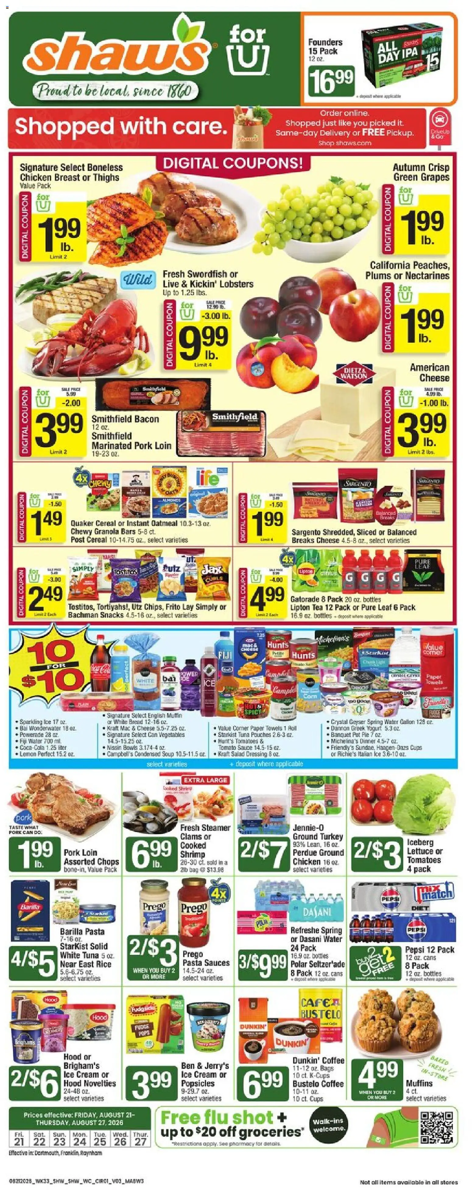 Shaw's Weekly Ad - MA - valid from 08/21/2026 | Page: 1 | Products: Bread, Pork, Salad, Water