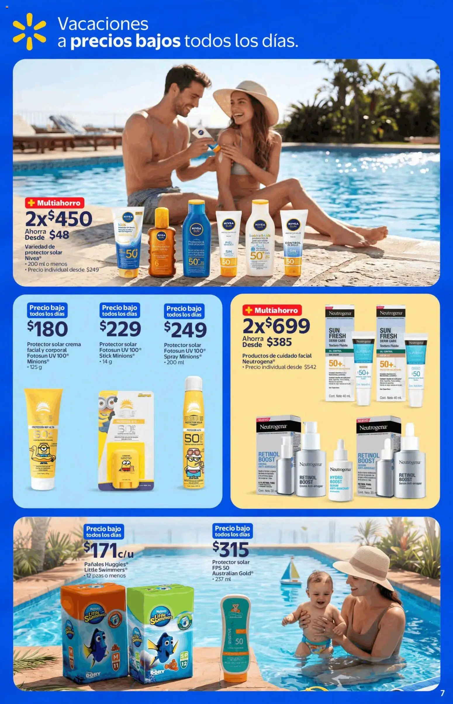 Nuevas ofertas de Walmart Express válidas en toda la República Mexicana desde el 22/07/2026. ¡Encuentra las mejores ofertas en Walmart Express folleto! | Página: 7 | Productos: Crema, Pañales, Bronceador, Protector solar