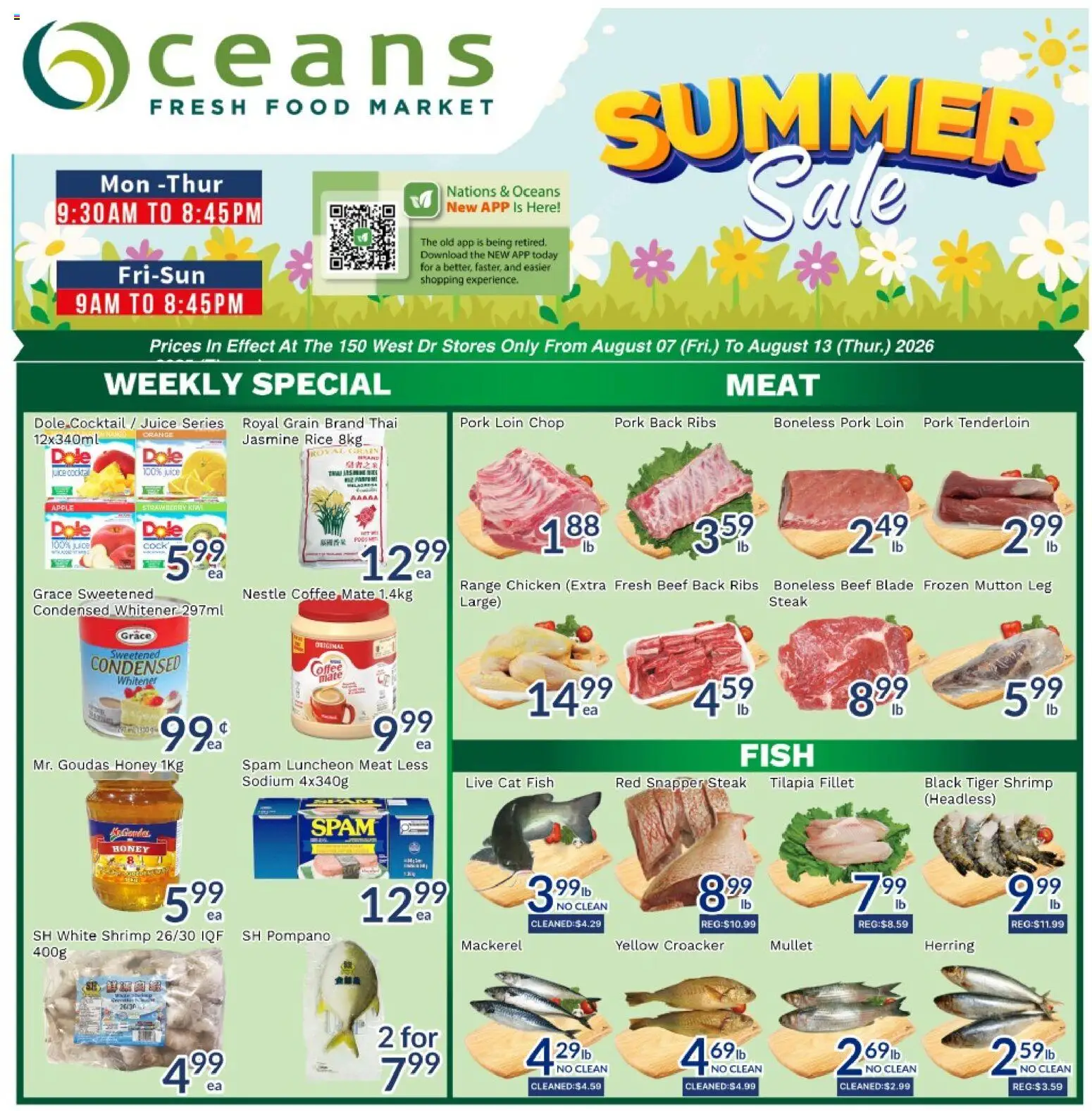Oceans flyer valid from Aug 7, 2026 | Page: 1 | Products: Beef, Herring, Tilapia, Mackerel