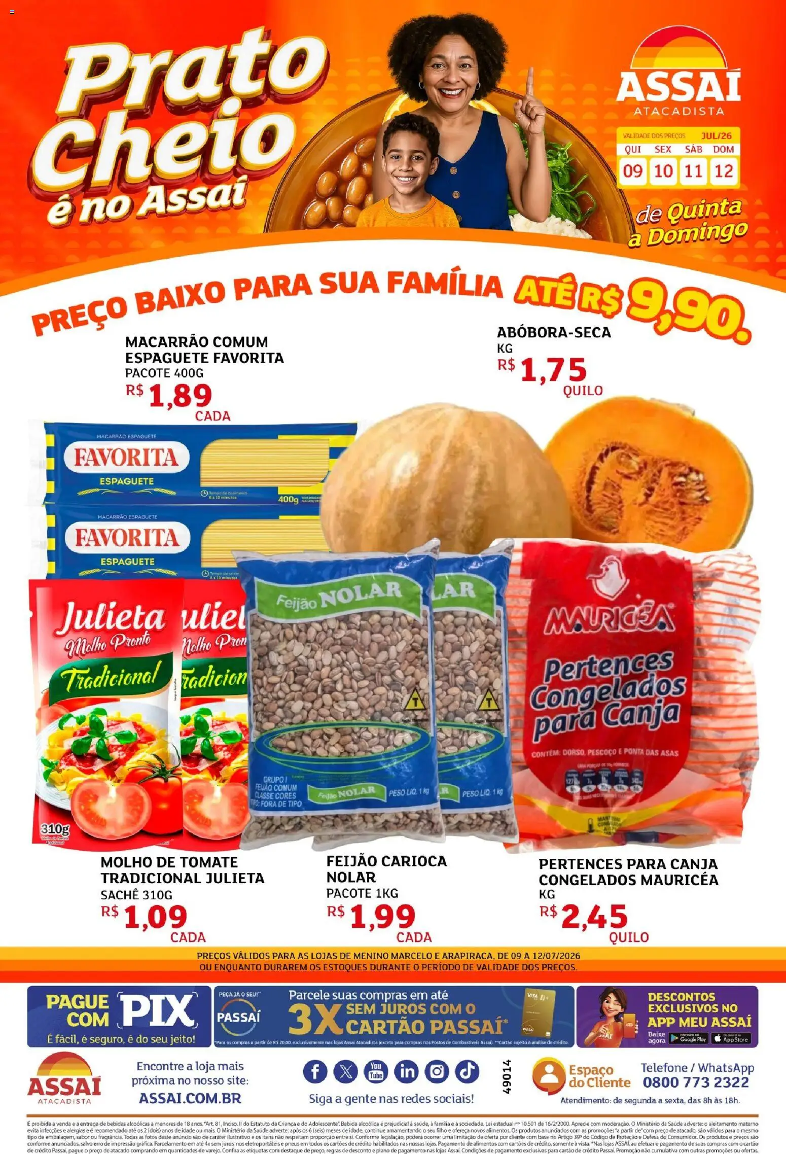 Assaí Atacadista Folheto - válido de 09/07/2026 | Página: 1 | Produtos: Base, Macarrão, Bebida, Telefone