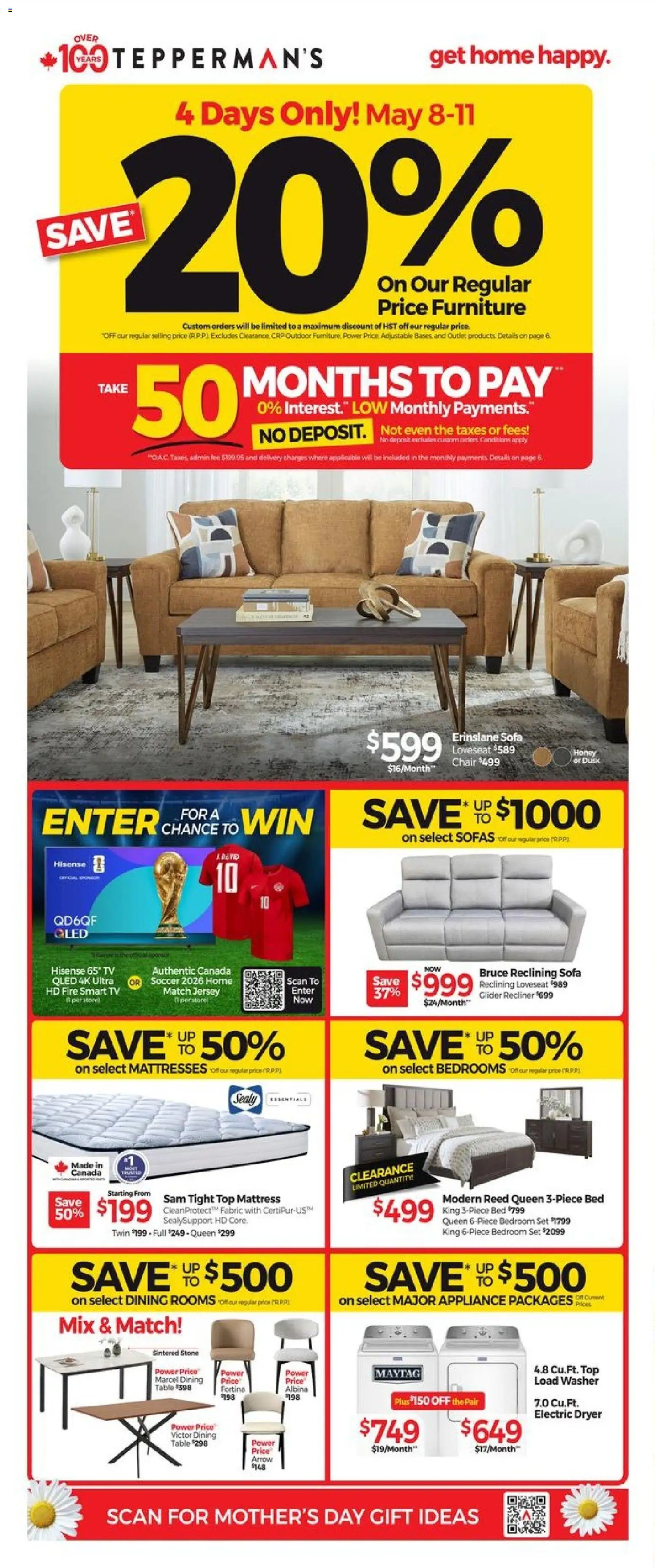 Tepperman's flyer valid from 08.05.2026 | Page: 1 | Products: Tv, Dryer, Mattress, Chair