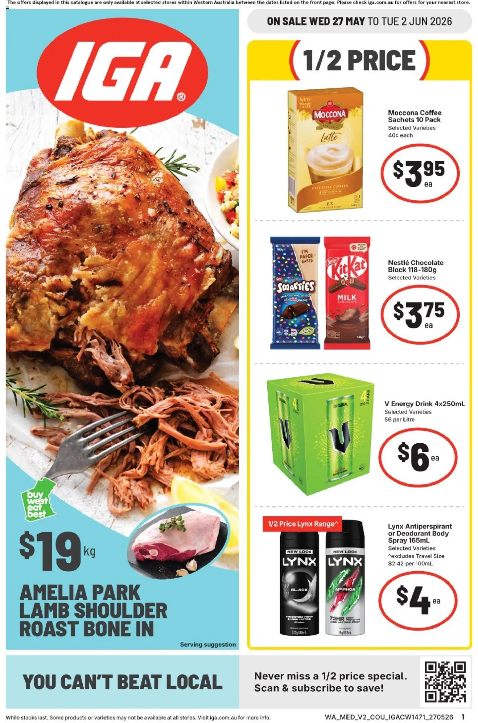 IGA catalogue - valid from 27.05.2026 | Page: 1 | Products: Milk, Lamb, Antiperspirant, Moccona