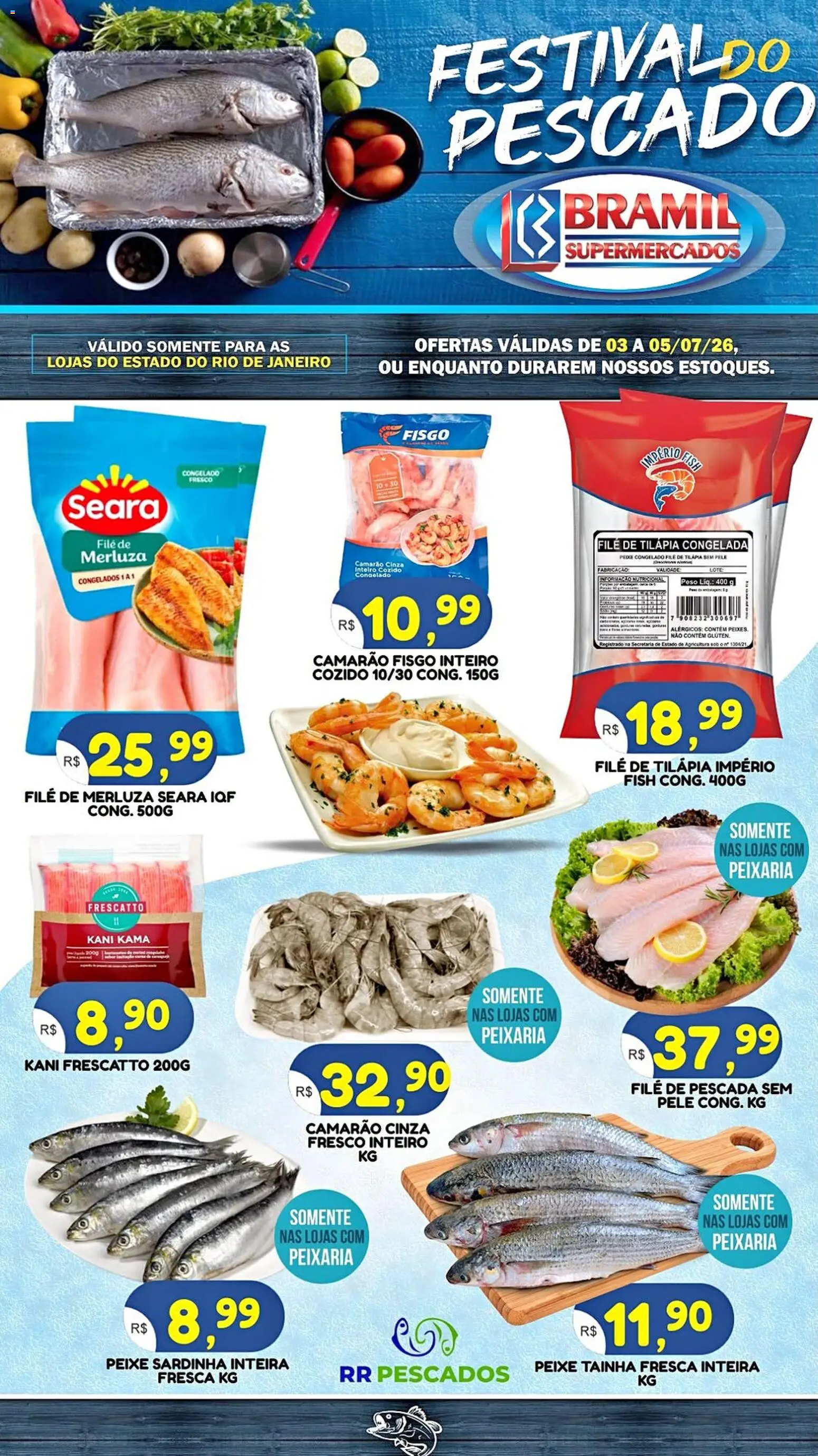 Bramil Supermercados Folheto - válido de 03/07/2026 | Página: 1 | Produtos: Camarão, Tilápia, Sardinha, Filé de tilápia