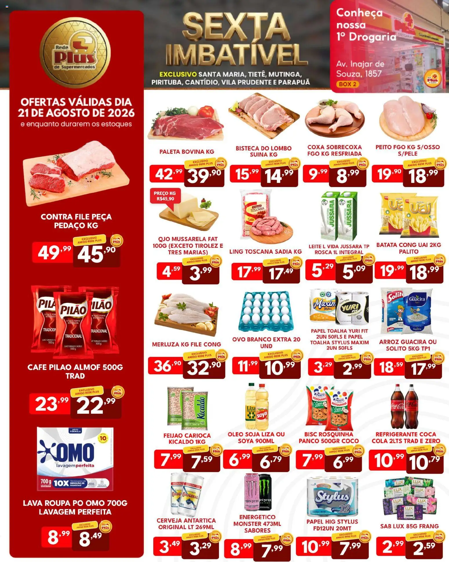 Rede Plus Supermercados Folheto - válido de 21/08/2026 | Página: 1 | Produtos: Contra filé, Óleo, Café, Cerveja