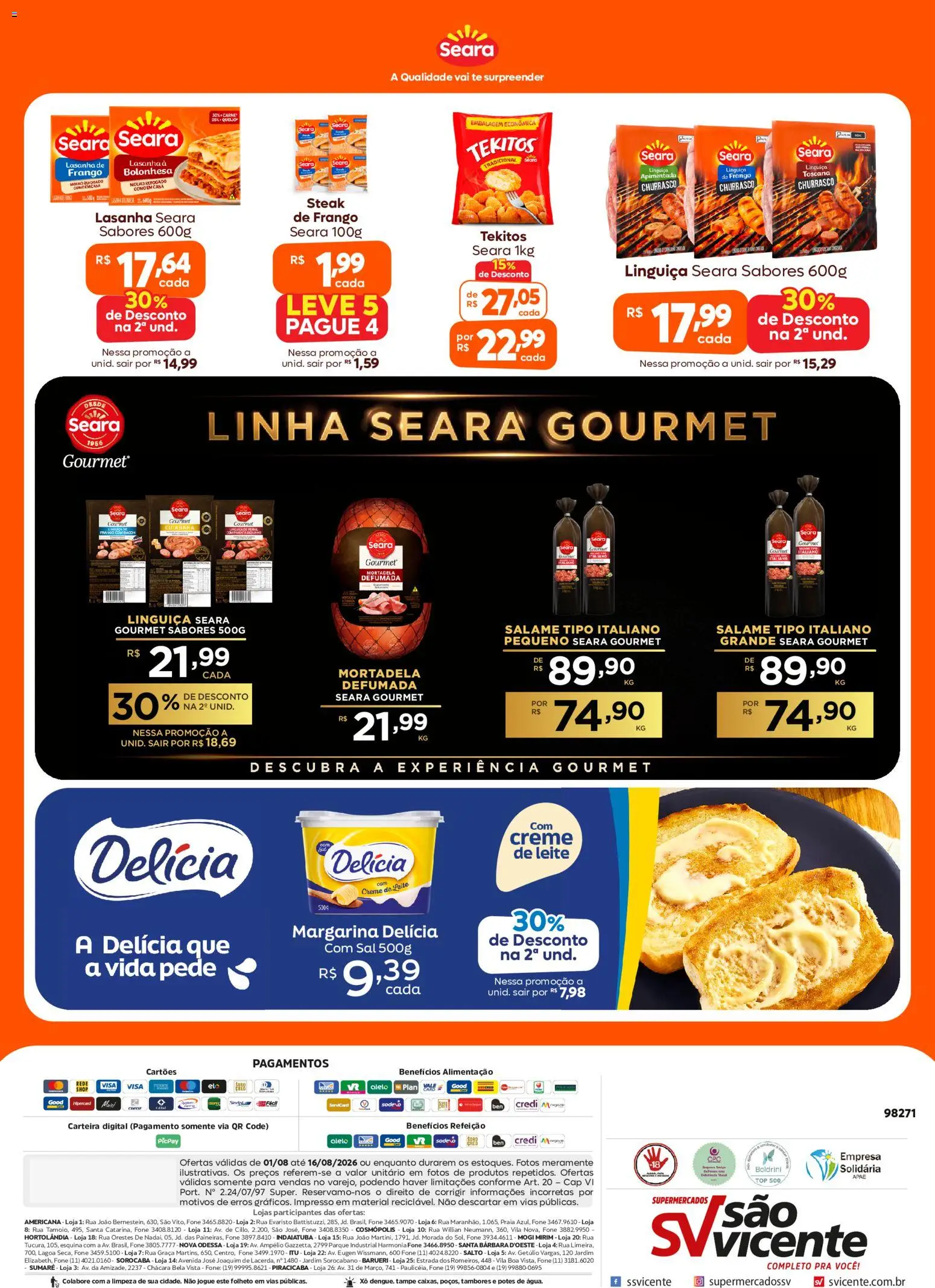 Supermercados São Vicente Folheto - válido de 01/08/2026 | Página: 2 | Produtos: Mortadela, Creme de leite, Potes, Margarina
