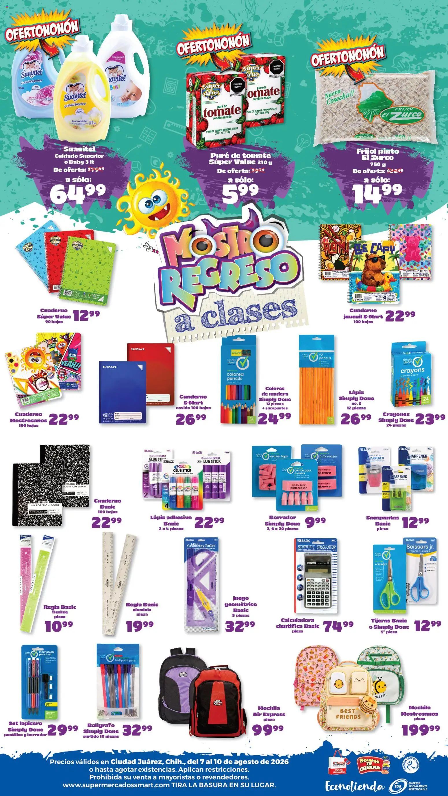 Nuevas ofertas de S-Mart válidas en toda la República Mexicana desde el 07/08/2026. ¡Encuentra las mejores ofertas en S-Mart folleto Ofertas de feria Juárez! | Página: 2 | Productos: Tomate, Pure de Tomate, Cuaderno, Juego