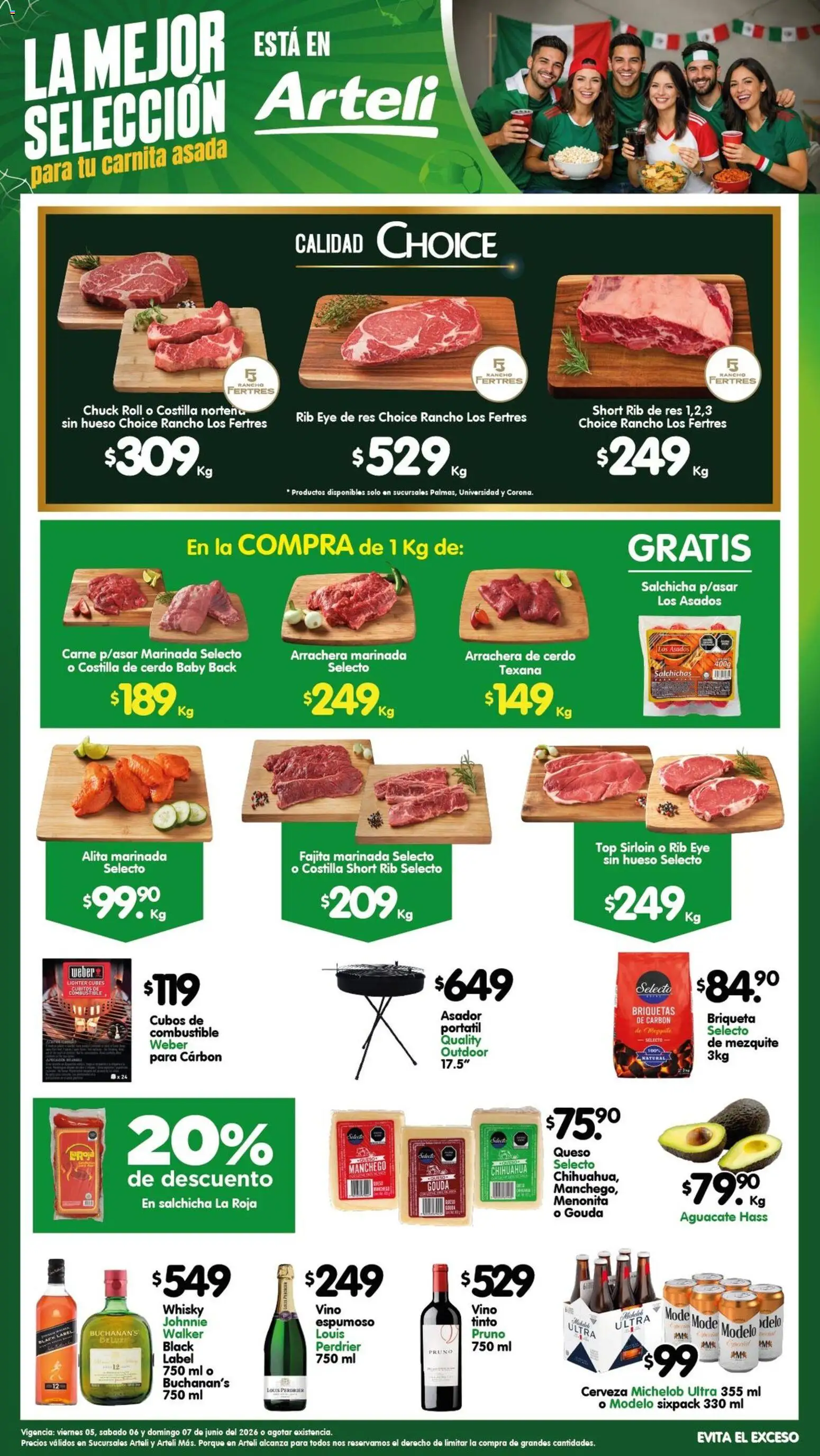Nuevas ofertas de Arteli válidas en toda la República Mexicana desde el 05.06.2026. ¡Encuentra las mejores ofertas en Arteli folleto Carnes & Cortes! | Página: 1 | Productos: Queso, Top, Short, Whisky