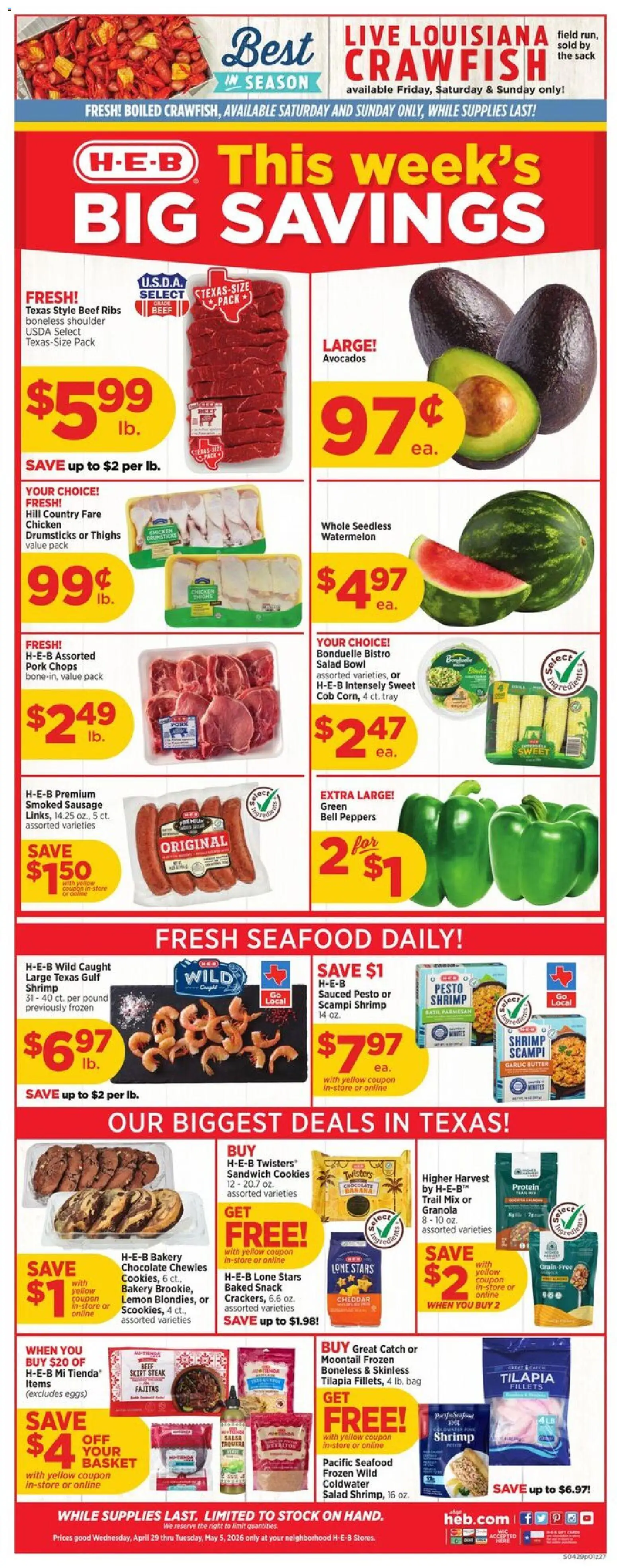 H-E-B Weekly Ad - valid from 29.04.2026 | Page: 1 | Products: Bakery, Pork, Salad, Garlic
