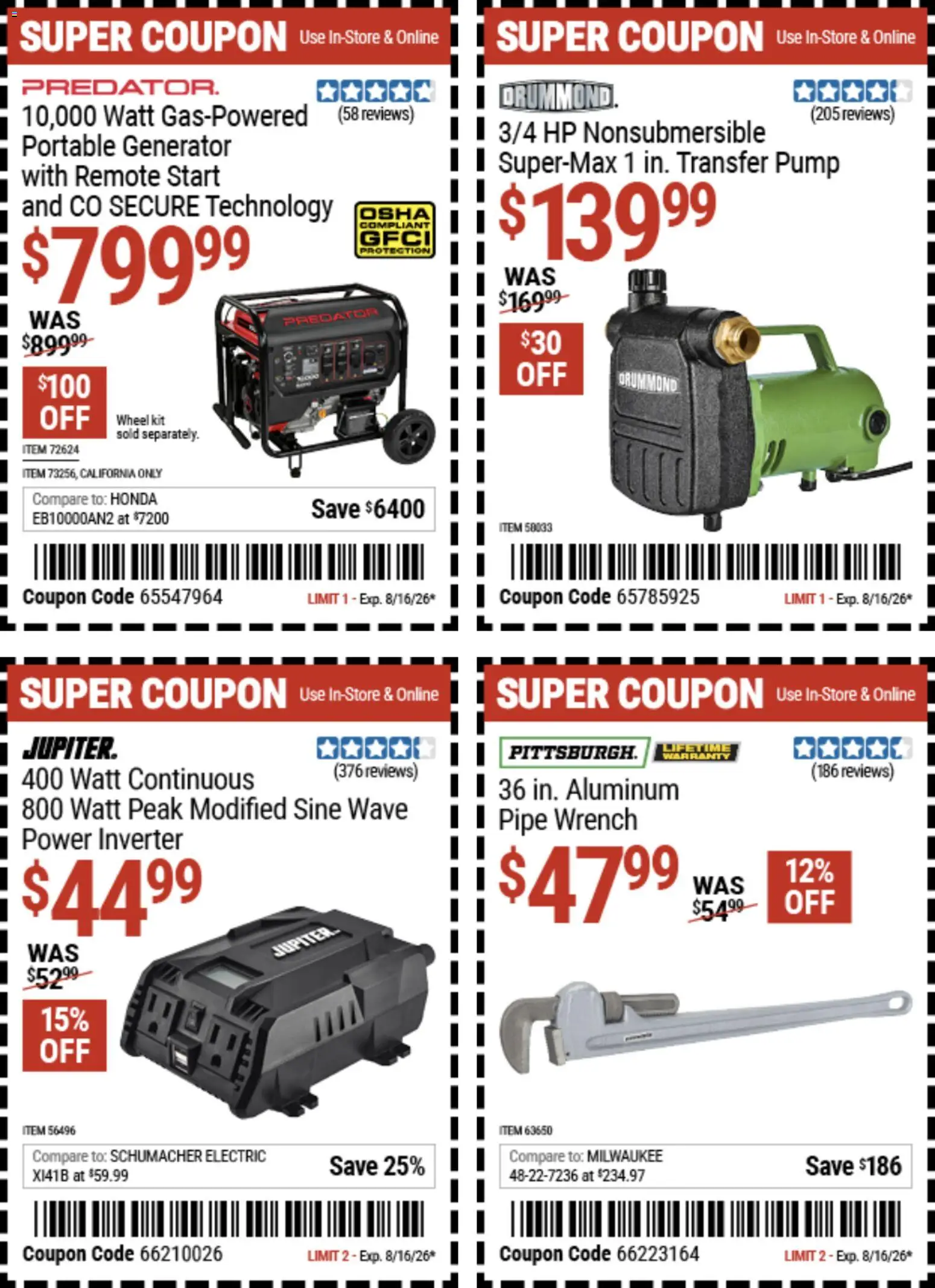 Harbor Freight Weekly Ad - valid from 08/03/2026 | Page: 1 | Products: Pipe, Wrench, Remote Start, Power Inverter