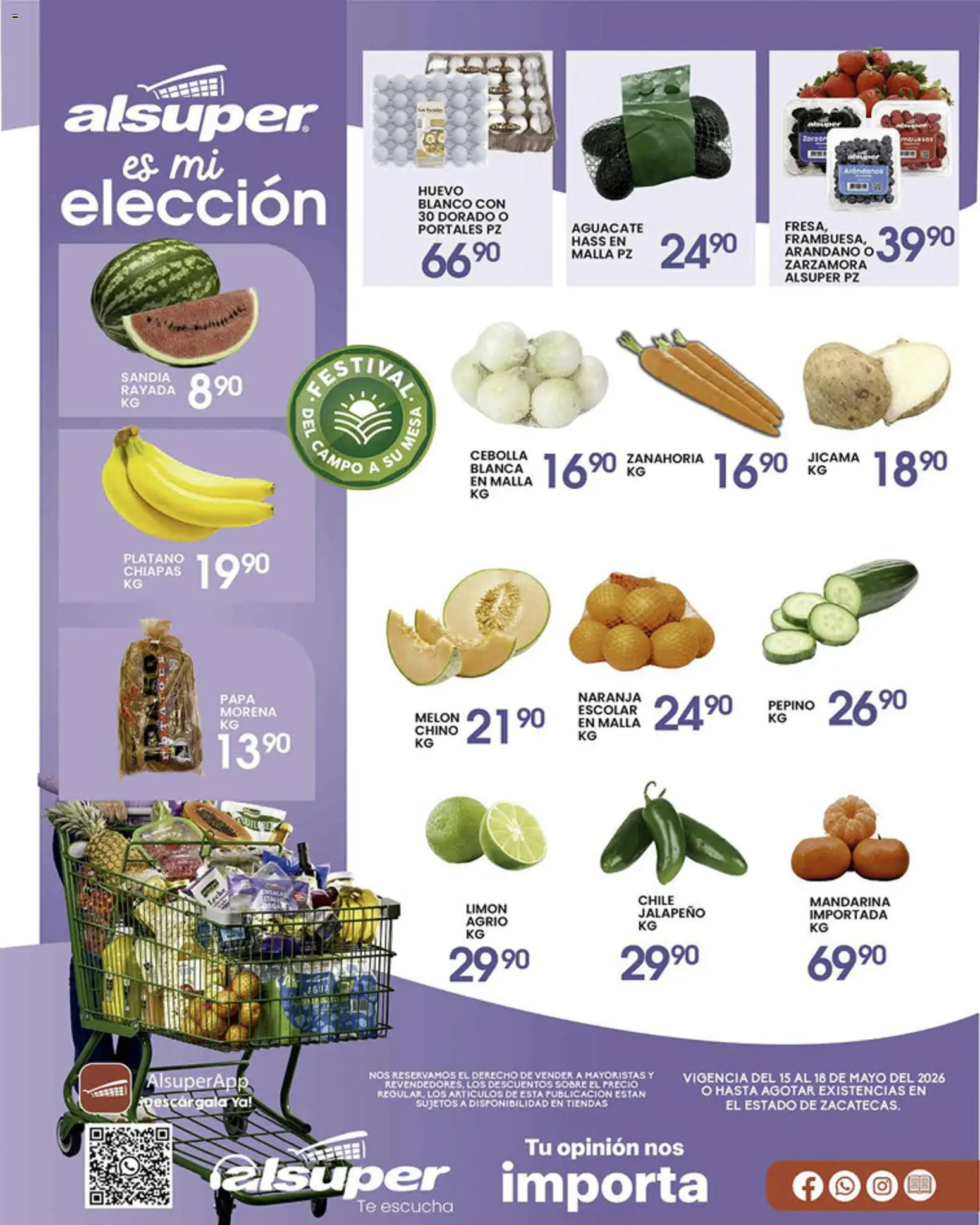 Nuevas ofertas de Alsuper válidas en toda la República Mexicana desde el 15.05.2026. ¡Encuentra las mejores ofertas en Alsuper folleto Zacatecas! | Página: 1 | Productos: Plátano, Melón, Limón, Aguacate