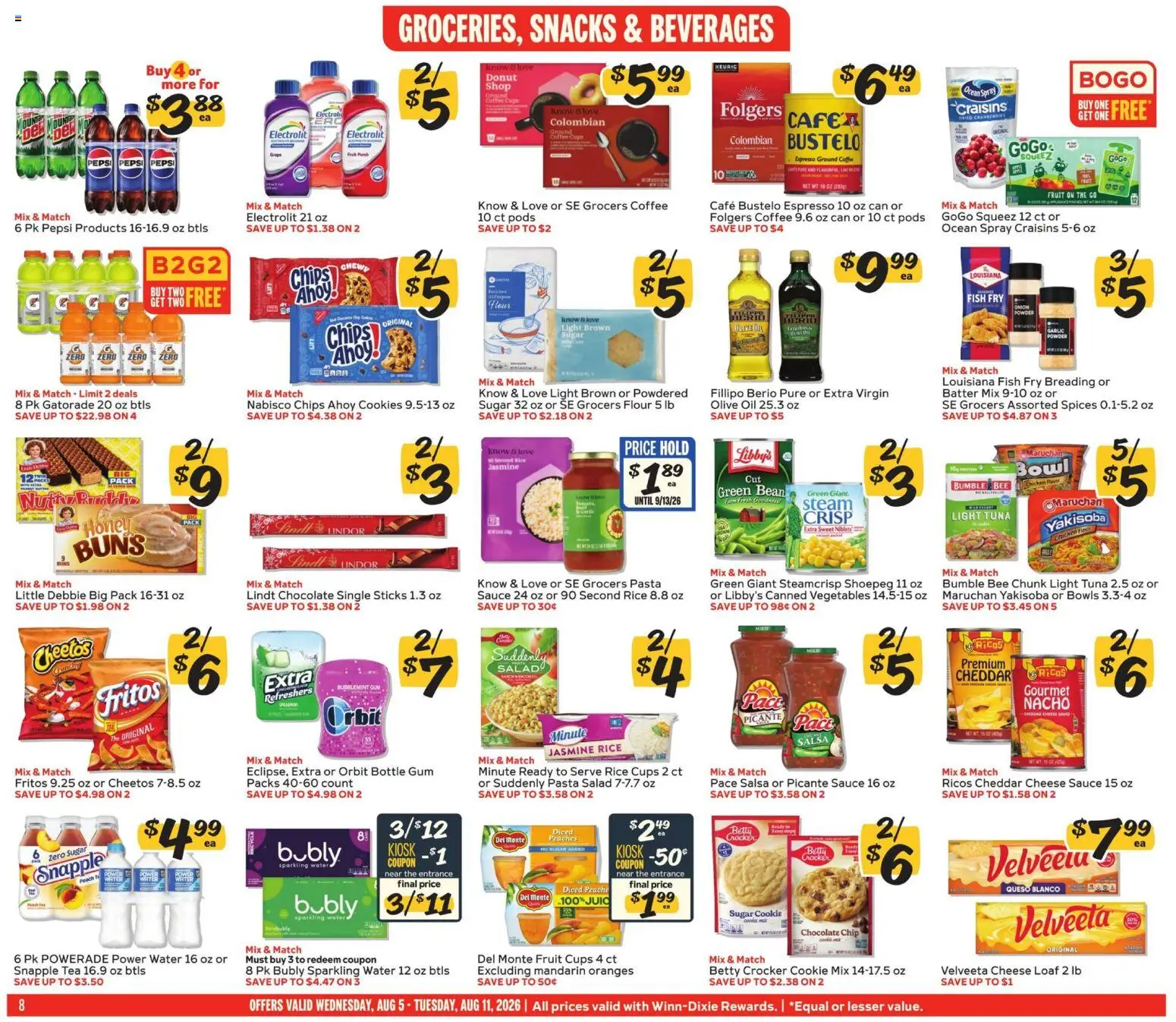 Winn Dixie Weekly Ad - valid from 08/05/2026 | Page: 8 | Products: Fish, Pasta, Chips, Onion