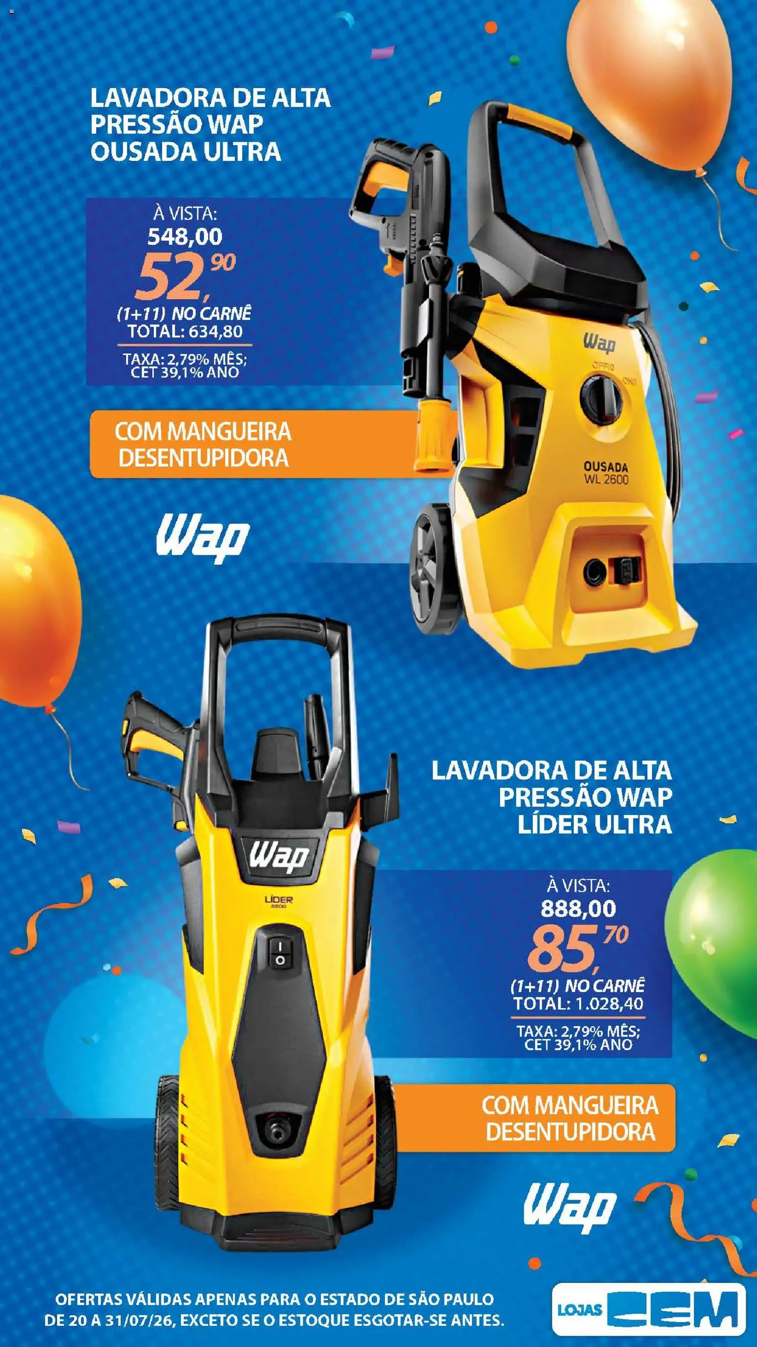 Lojas Cem Folheto - válido de 20/07/2026 | Página: 122 | Produtos: Mangueira, Carne, Lavadora de alta pressão