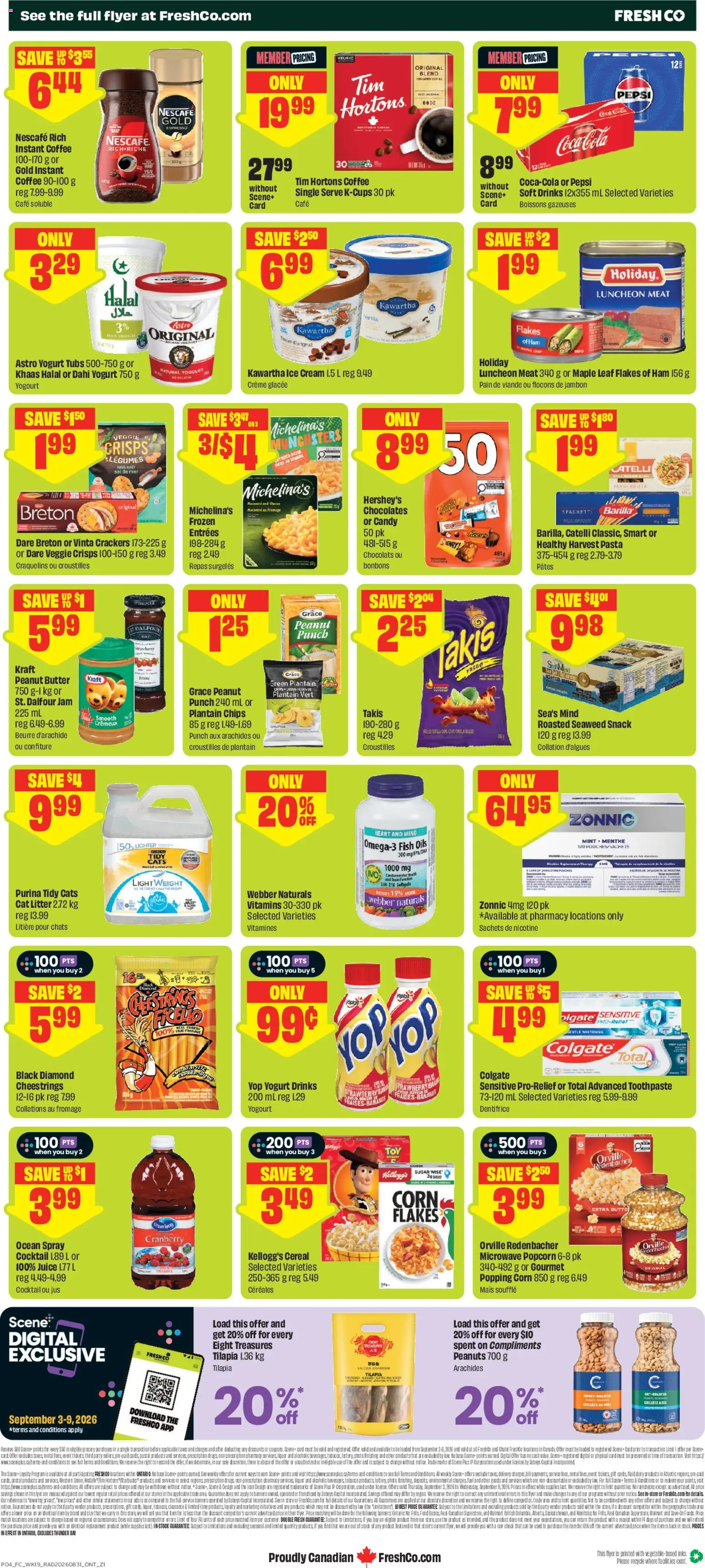 FreshCo flyer valid from Sep 3, 2026 | Page: 2 | Products: Tilapia, Cat litter, Crisps, Barilla