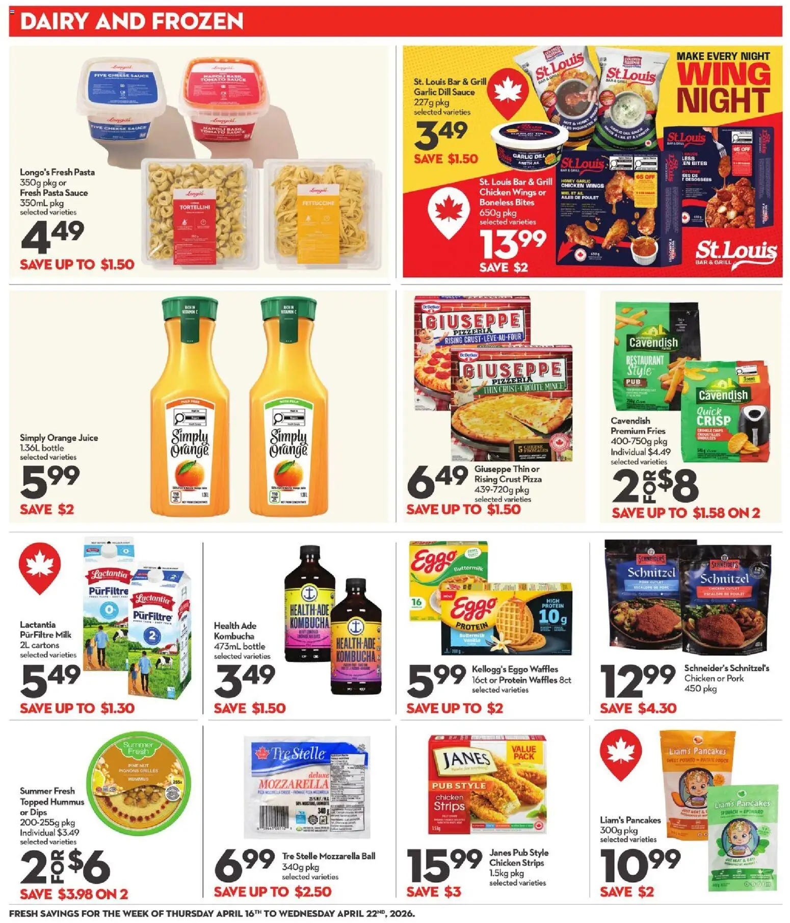 Longo's flyer valid from 16.04.2026 | Page: 13 | Products: Chips, Pizza, Juice, Pork