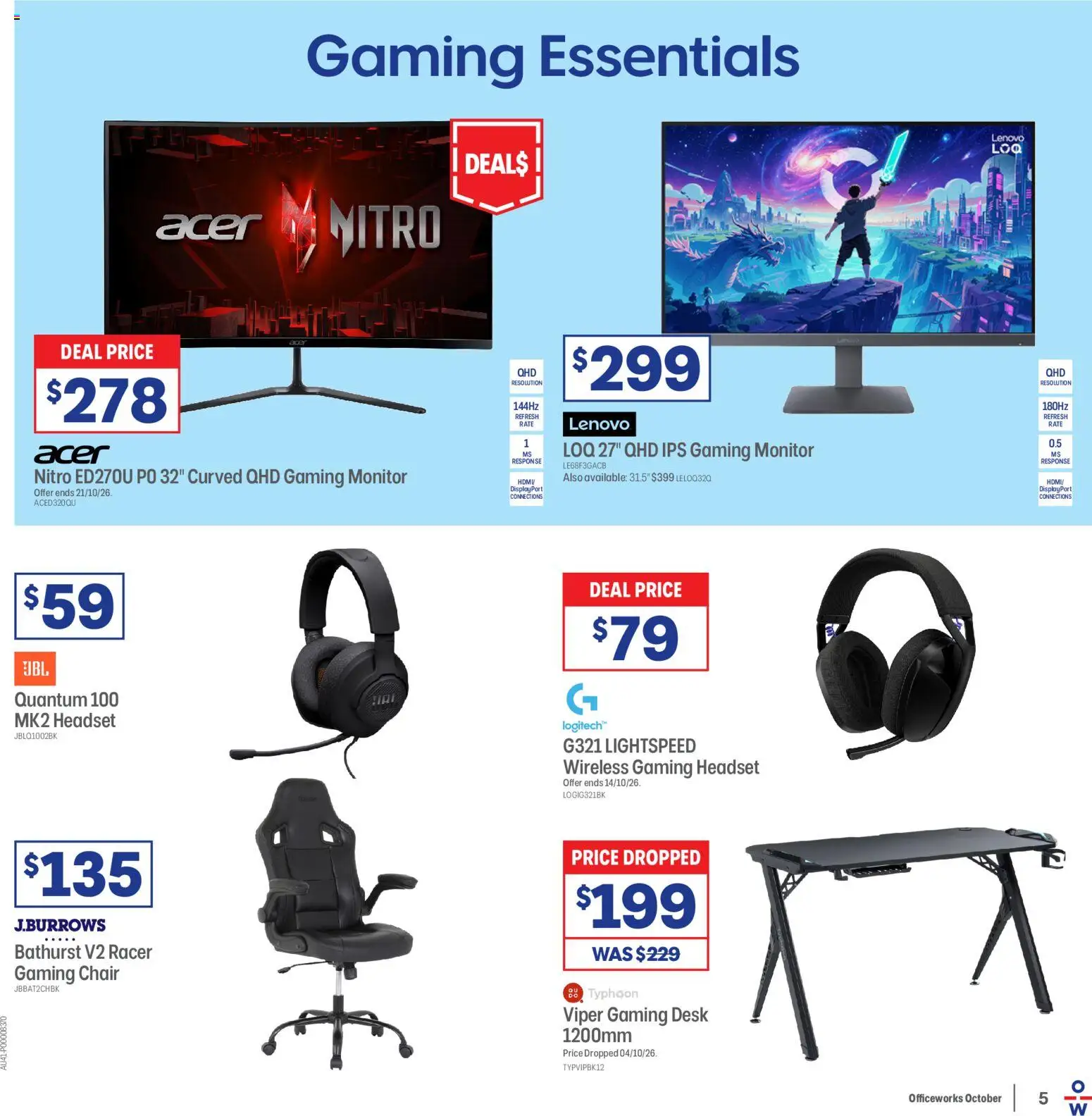 Officeworks catalogue - valid from 01/10/2026 | Page: 5 | Products: Chair, Desk, Monitor, Headset