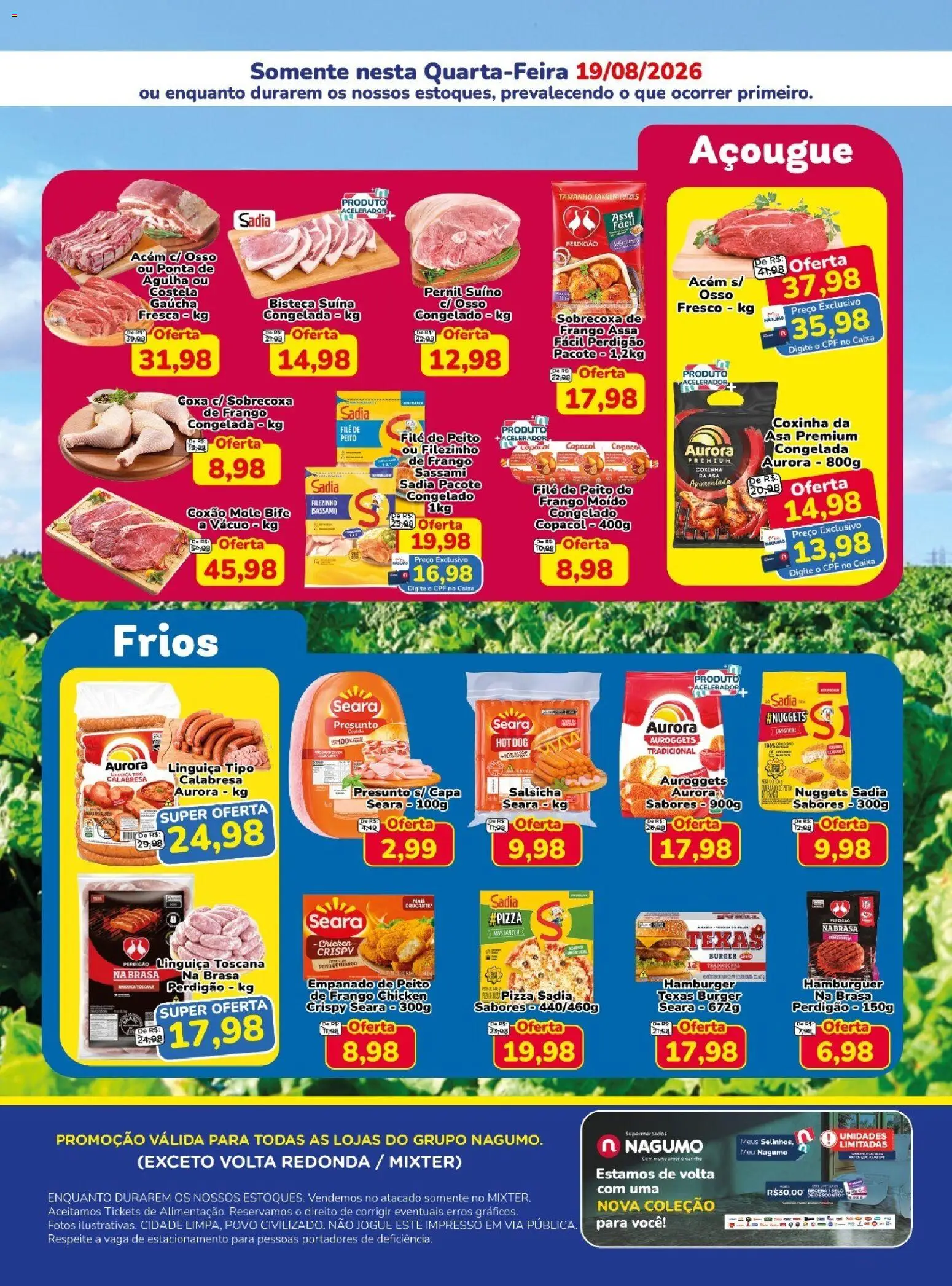Nagumo Folheto - válido de 19/08/2026 | Página: 1 | Produtos: Coxão mole, Frango moido, Linguiça, Hambúrguer