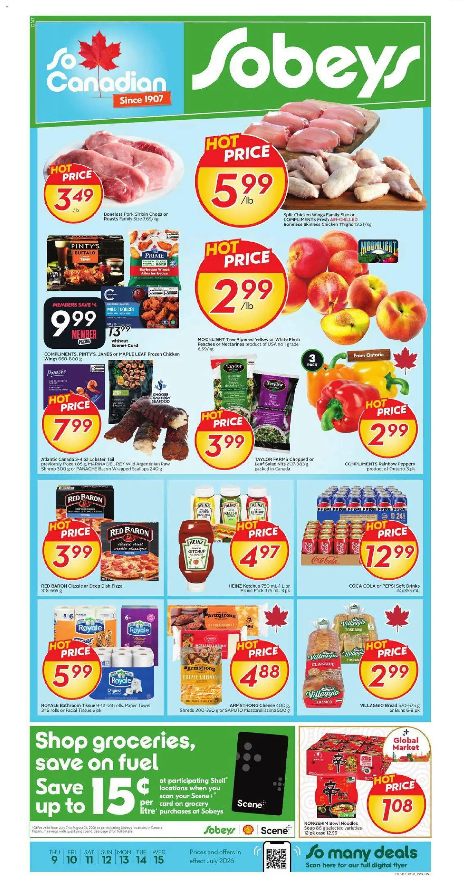 Sobeys flyer valid from Jul 9, 2026 | Page: 1 | Products: Noodles, Case, Bread, Pizza