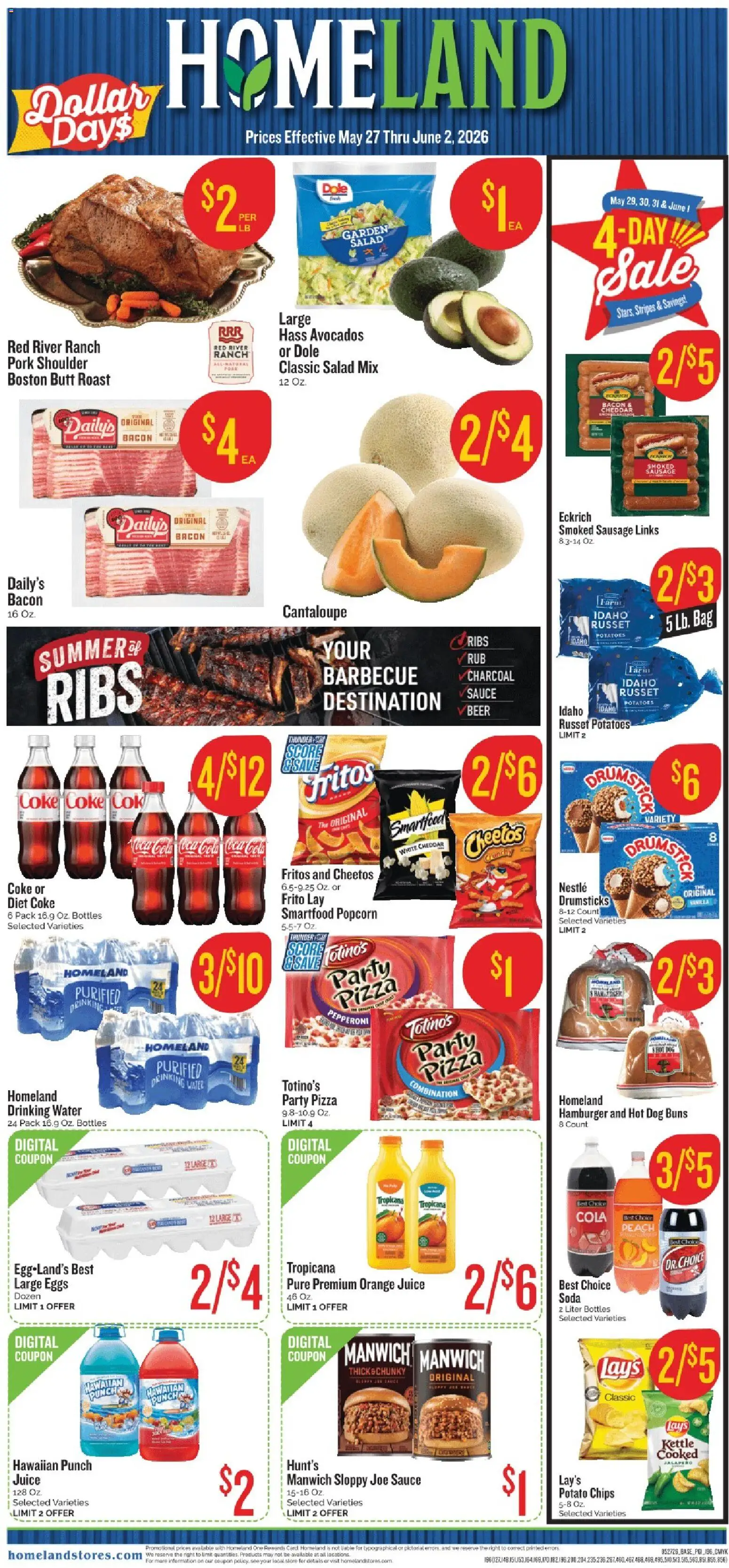 Homeland Weekly Ad - valid from 27.05.2026 | Page: 1 | Products: Juice, Potatoes, Sausage, Bag