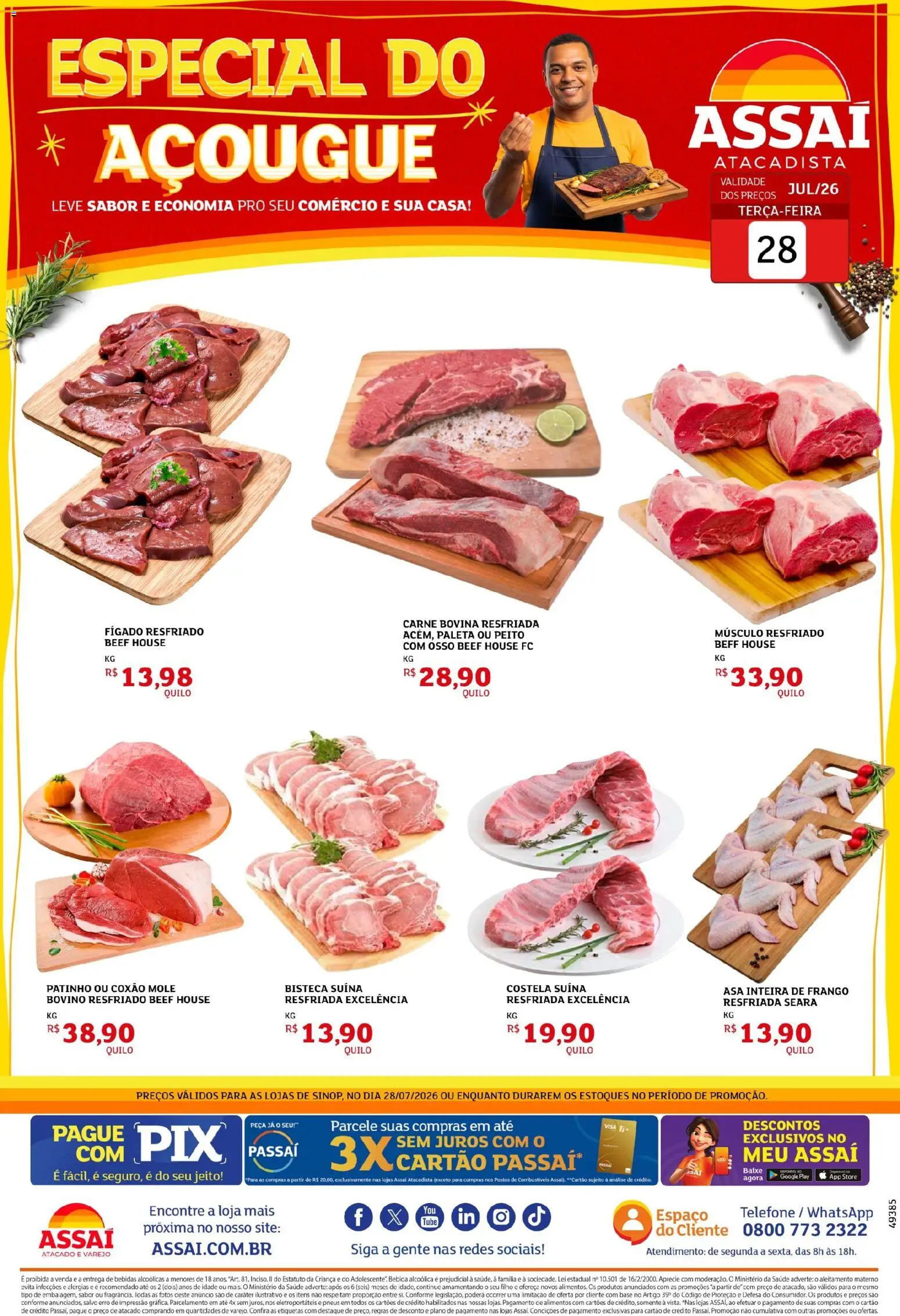Assaí Atacadista Folheto - válido de 28/07/2026 | Página: 1 | Produtos: Pneus, Base, Carne, Telefone