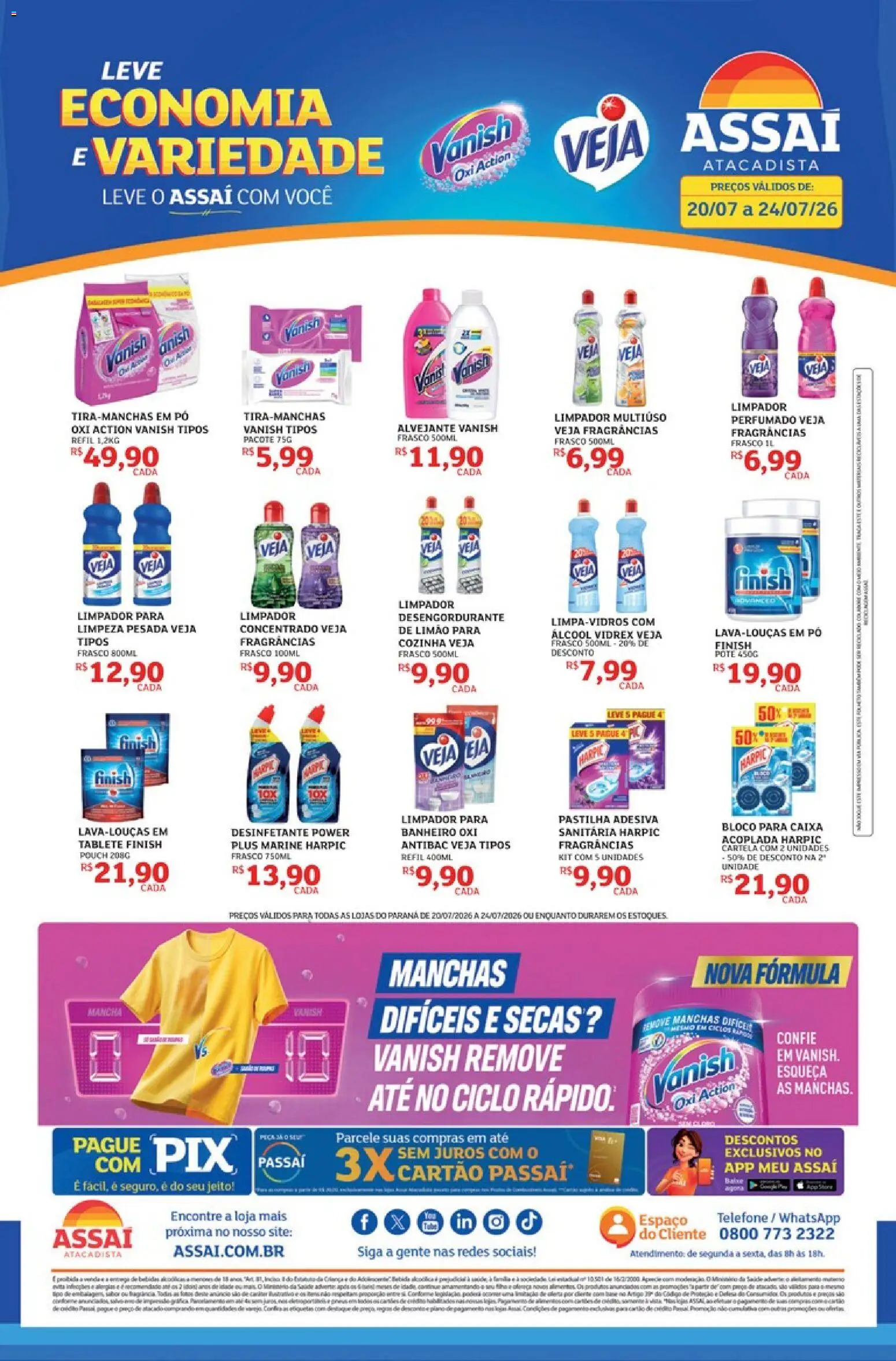 Assaí Atacadista Folheto - válido de 20/07/2026 | Página: 1 | Produtos: Pó, Alvejante, Desengordurante, Telefone