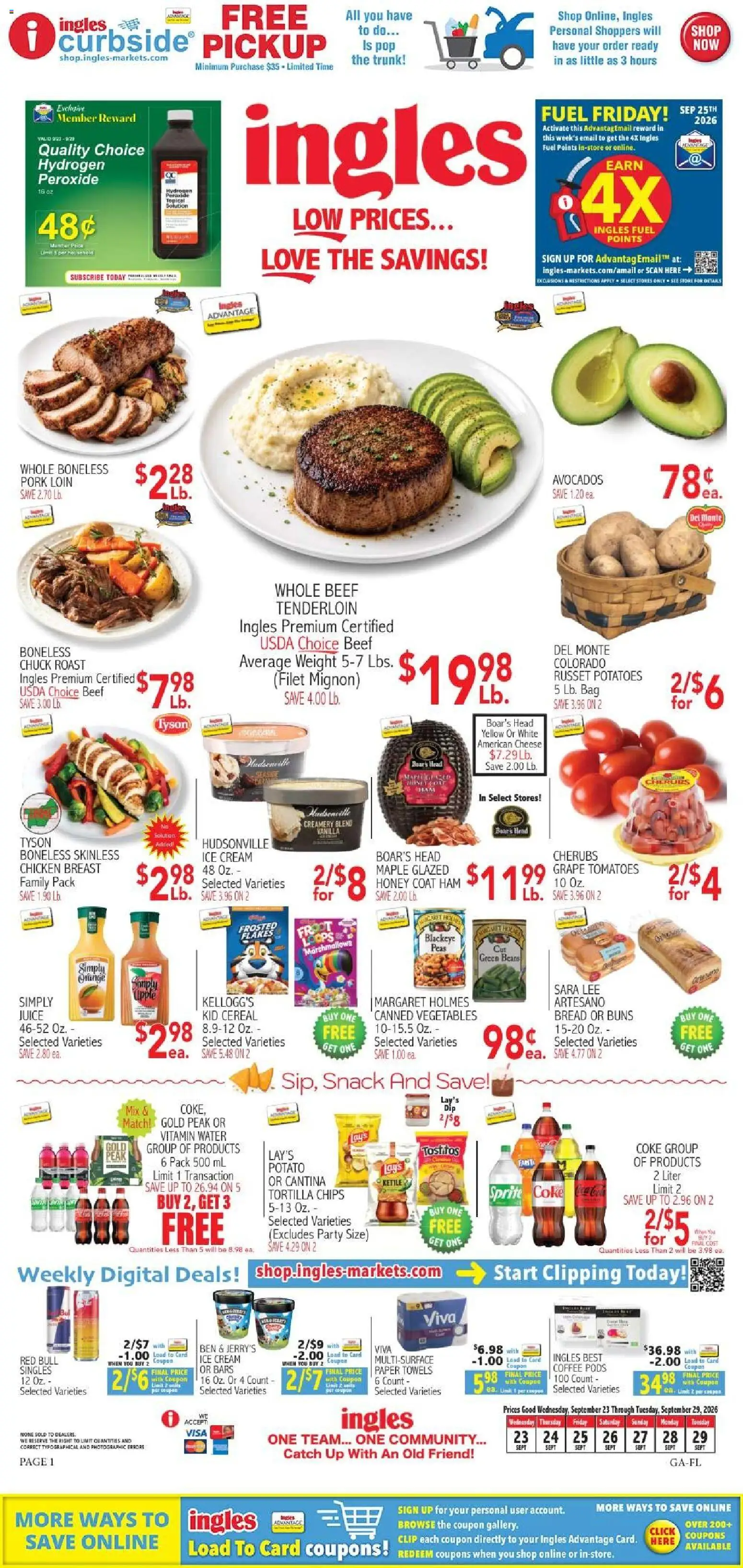 Ingles Weekly Ad - valid from 09/23/2026 | Page: 1 | Products: Pork loin, Chicken, Vegetables, Sprite