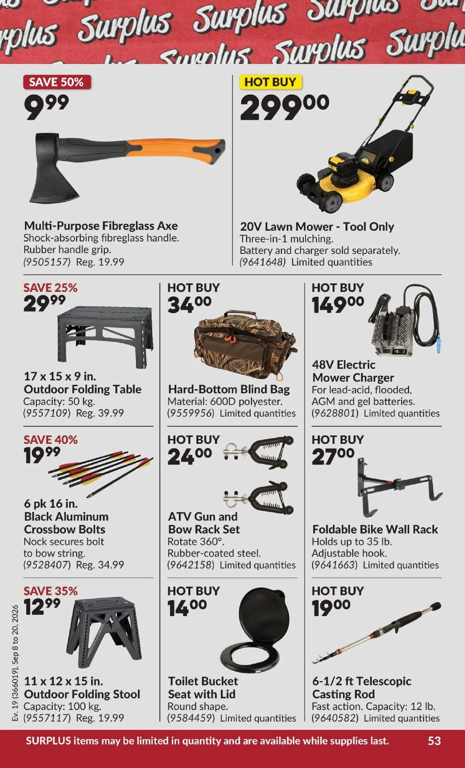 Princess Auto flyer valid from Sep 8, 2026 | Page: 56 | Products: Folding table, Mower, Table, Battery