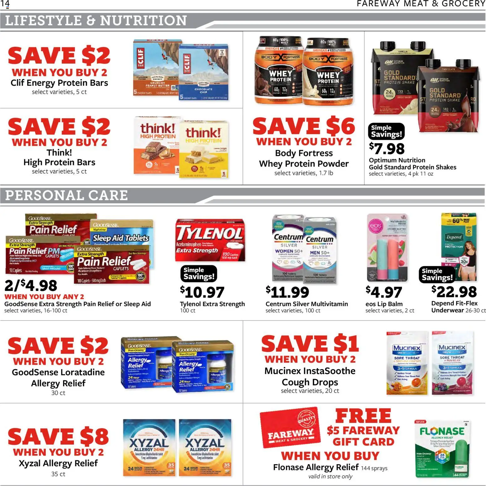Fareway Weekly Ad - valid from 08/24/2026 | Page: 14 | Products: Multivitamin, Protein Powder, Cough drops, Underwear
