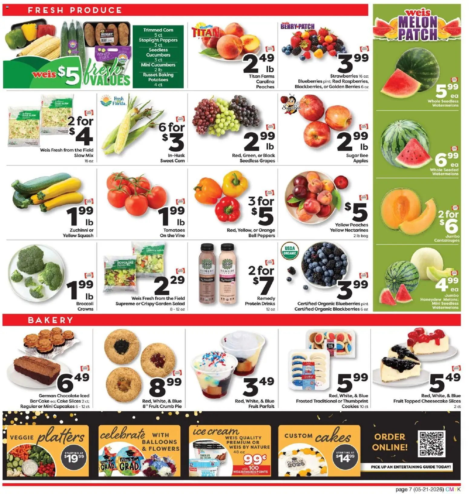 Weis Monthly Savings - valid from 21.05.2026 | Page: 7 | Products: Corn, Tomatoes, Cucumbers, Melon