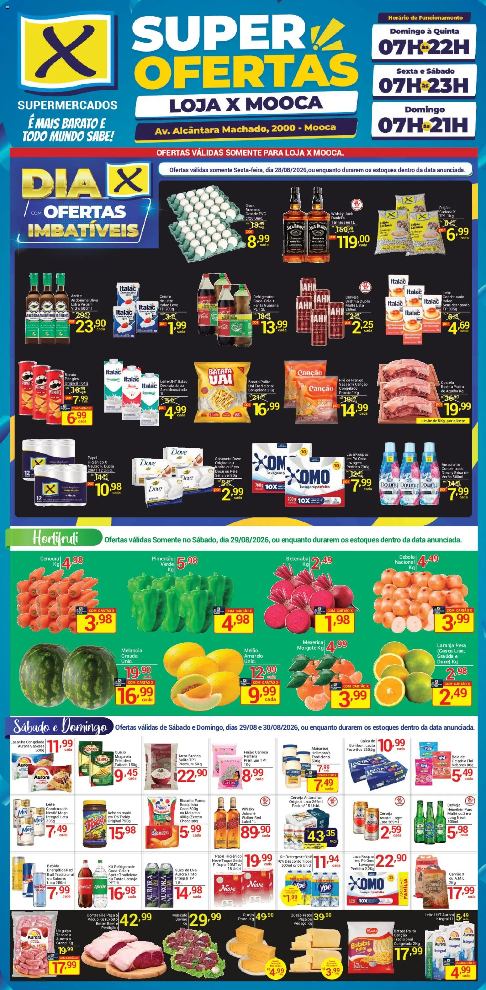 X Supermercados Folheto - válido de 28/08/2026 | Página: 1 | Produtos: Ovos, Roupas, Refrigerante, Bala
