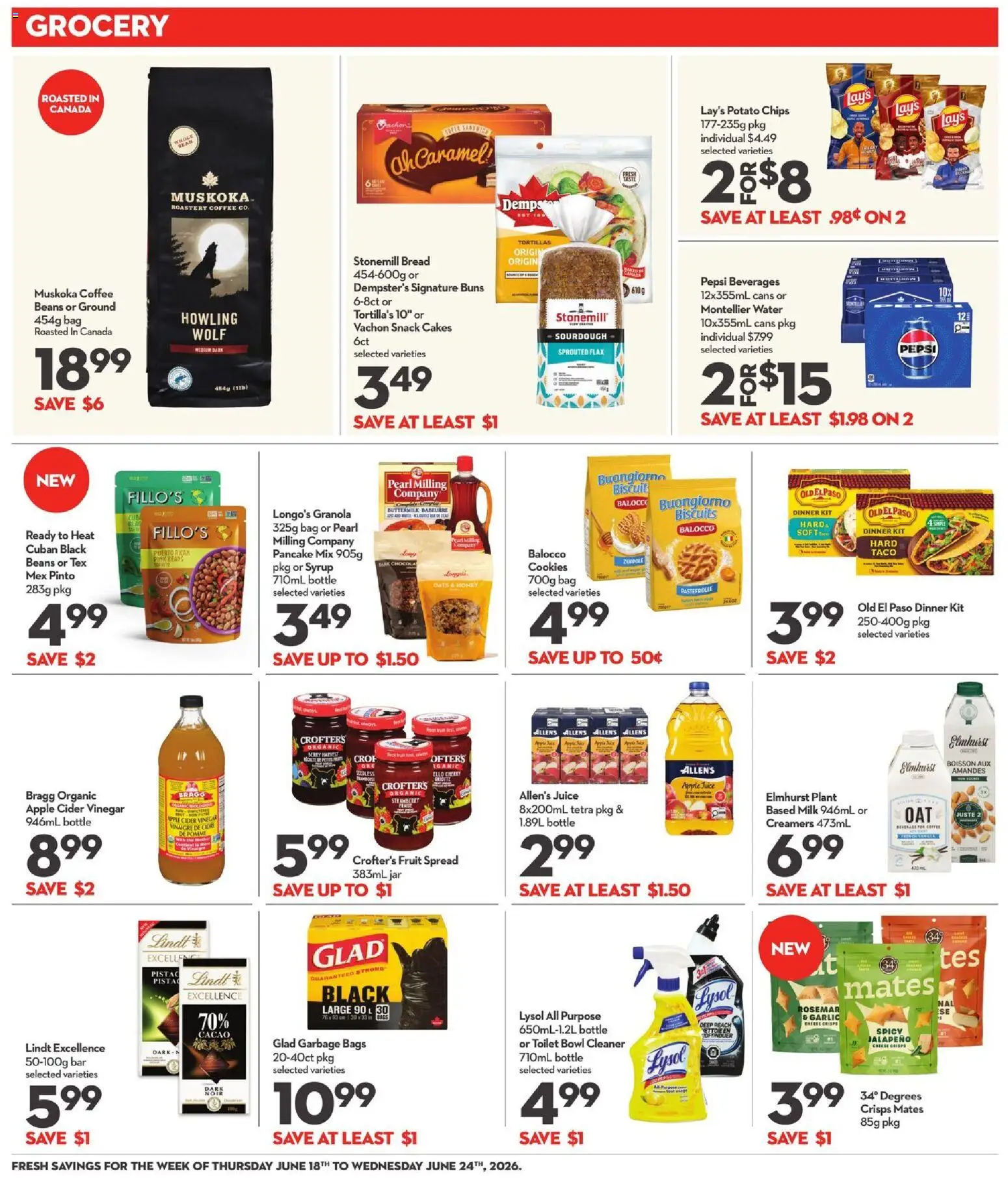 Longo's flyer valid from 18.06.2026 | Page: 11 | Products: Chips, Cookies, Milk, Bread