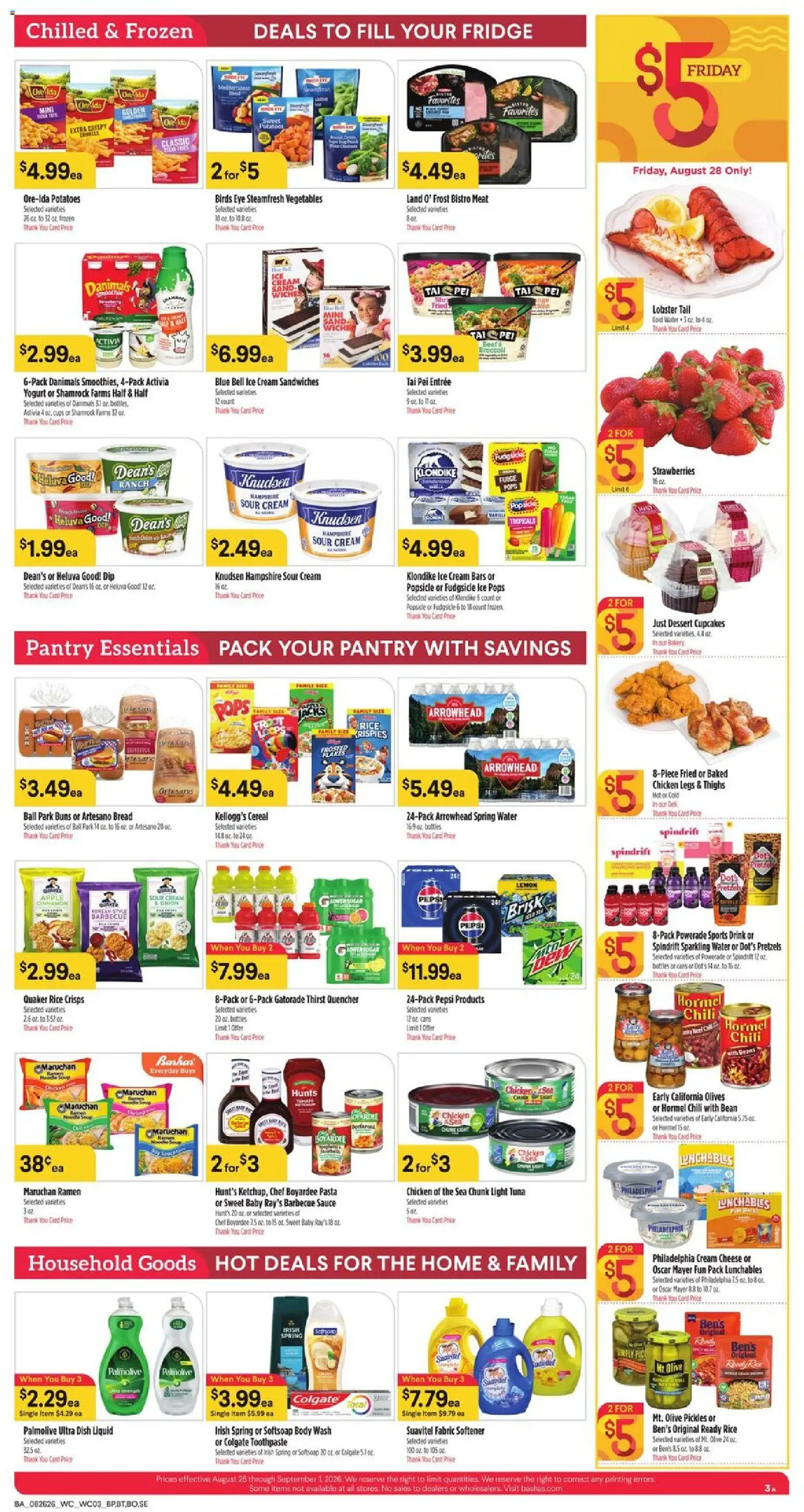 Basha's Weekly Ad - valid from 08/26/2026 | Page: 3 | Products: Broccoli, Cheese, Fabric softener, Flakes