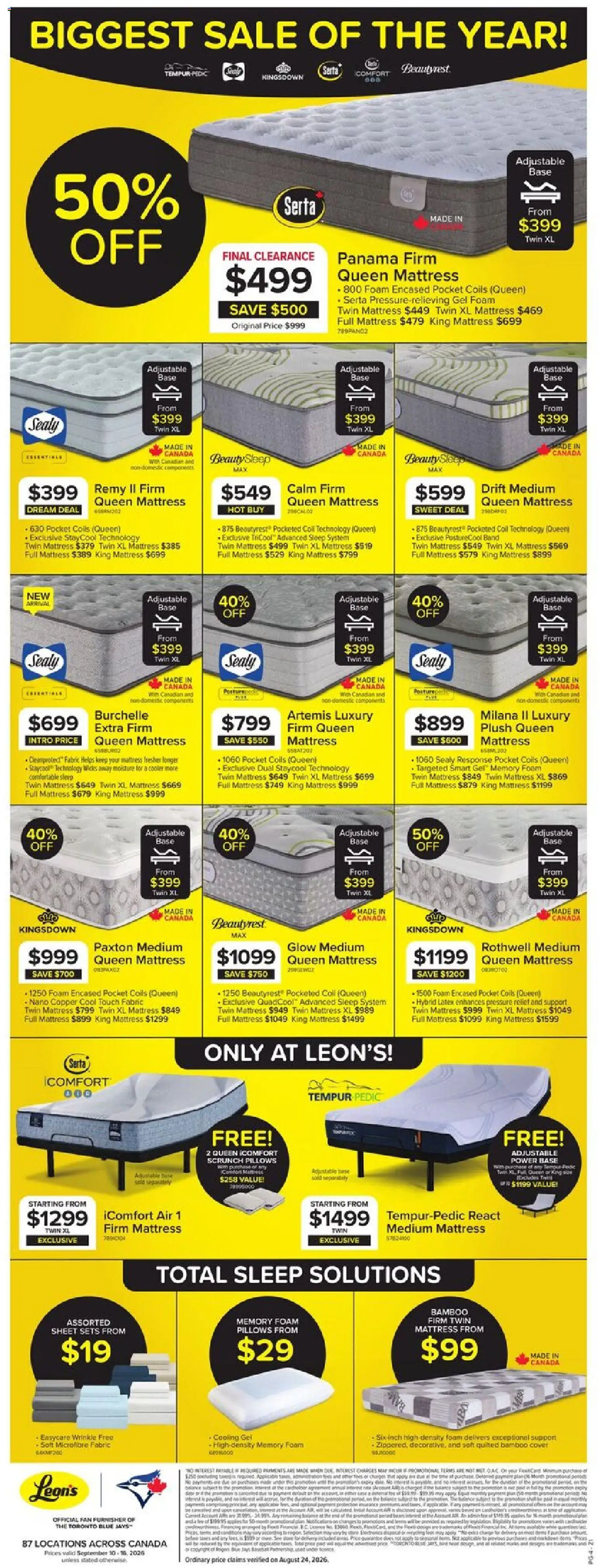 Leon's flyer valid from Sep 10, 2026 | Page: 4 | Products: Fan, Foam, Mattress