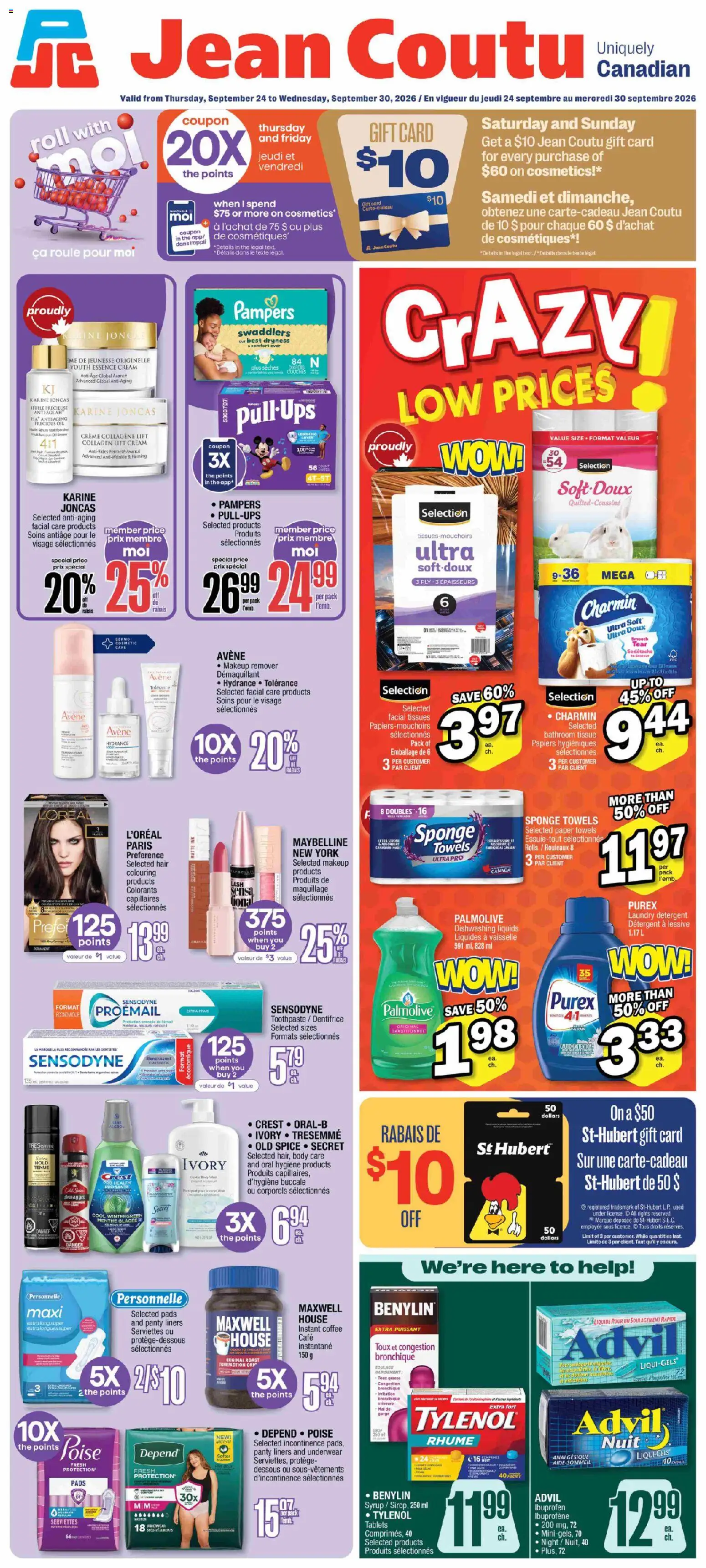 Jean Coutu flyer valid from Sep 24, 2026 | Page: 1 | Products: Roast, Tissues, Detergent, Coffee