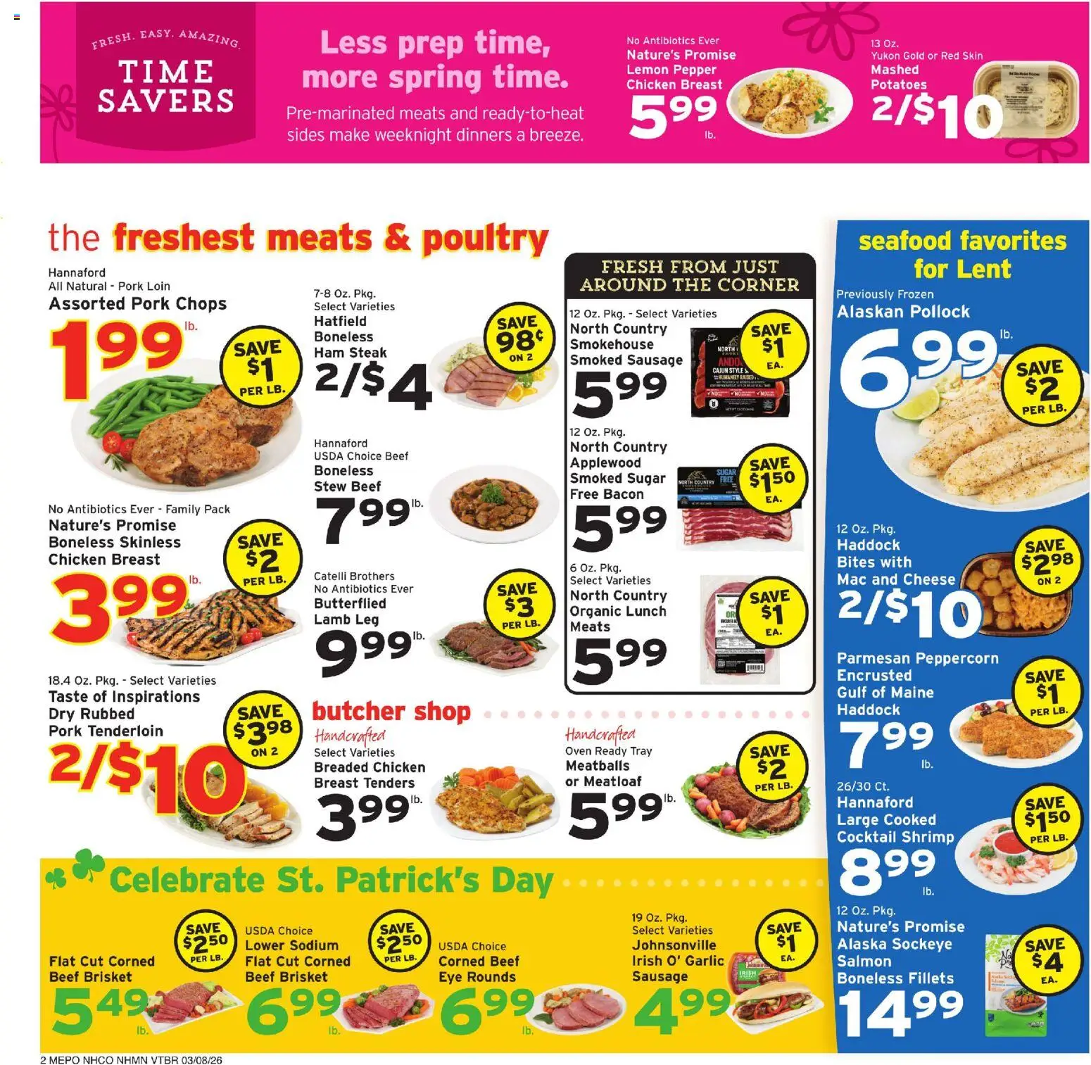 Hannaford Weekly Ad - valid from 08.03.2026 | Page: 2 | Products: Ham, Pork, Seafood, Poultry