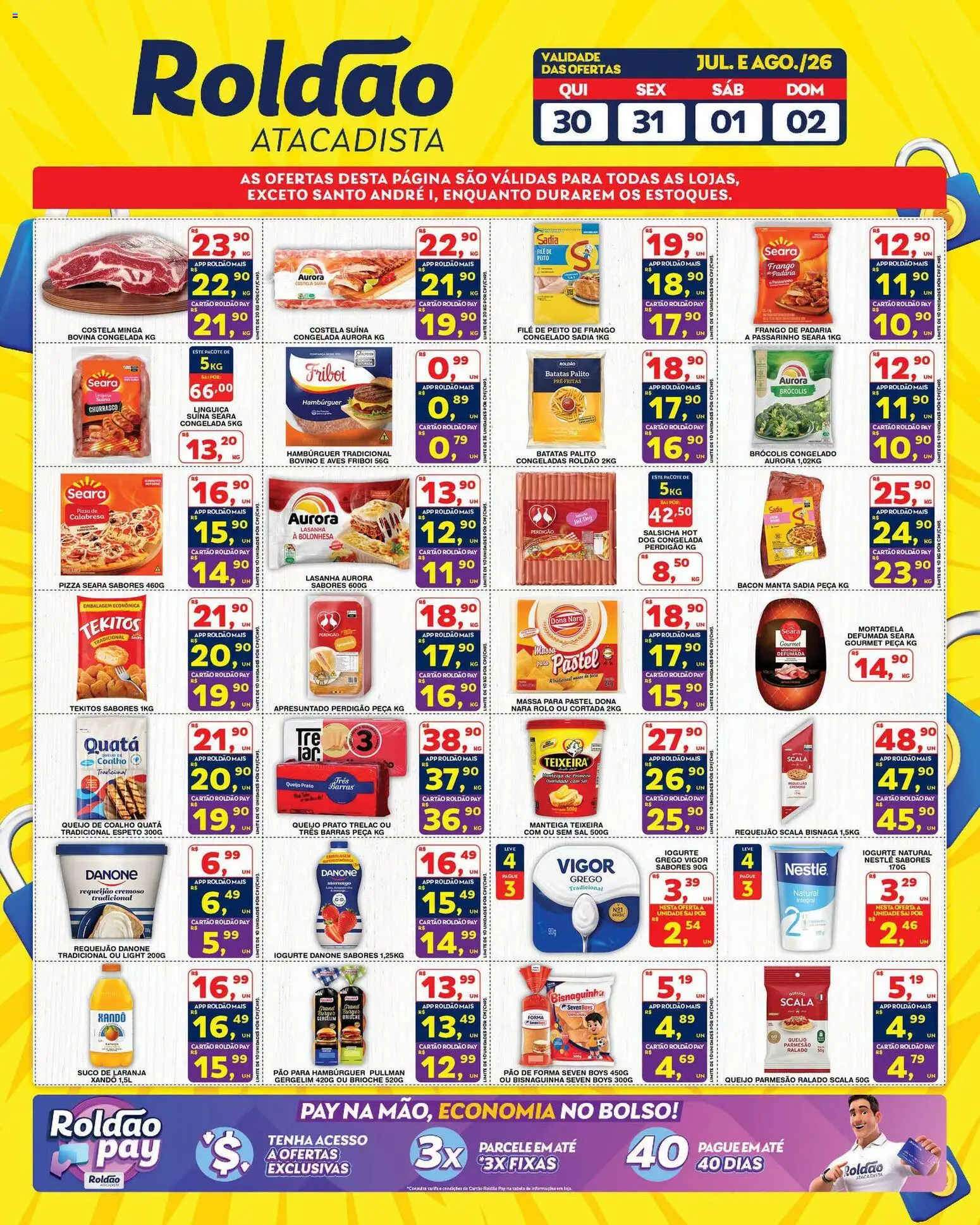 Roldão Folheto - válido de 30/07/2026 | Página: 3 | Produtos: Linguiça, Parmesão, Hambúrguer, Frango
