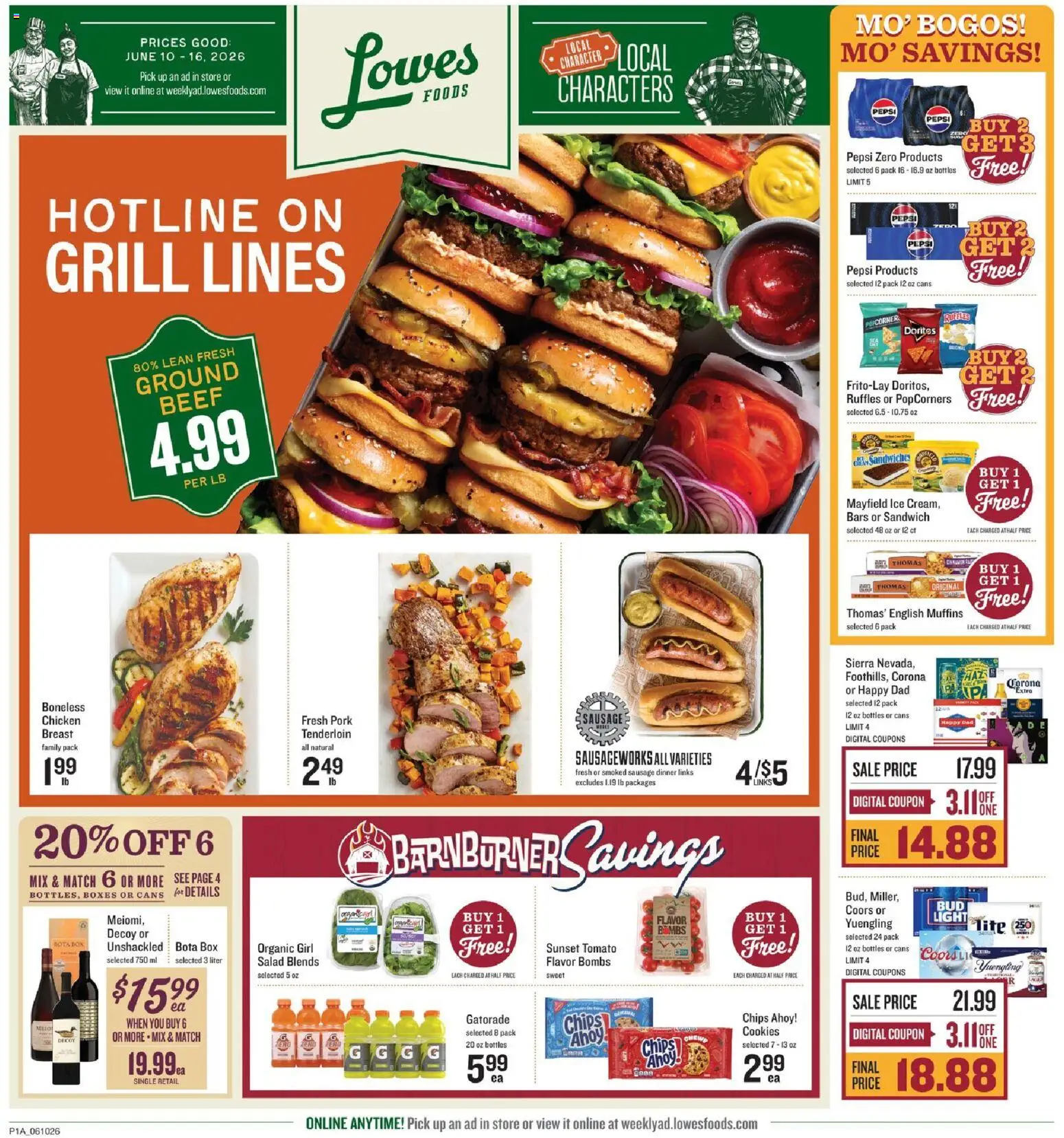 Lowes Foods Weekly Ad - valid from 10.06.2026 | Page: 1 | Products: Box, Beef, Cookies, Grill