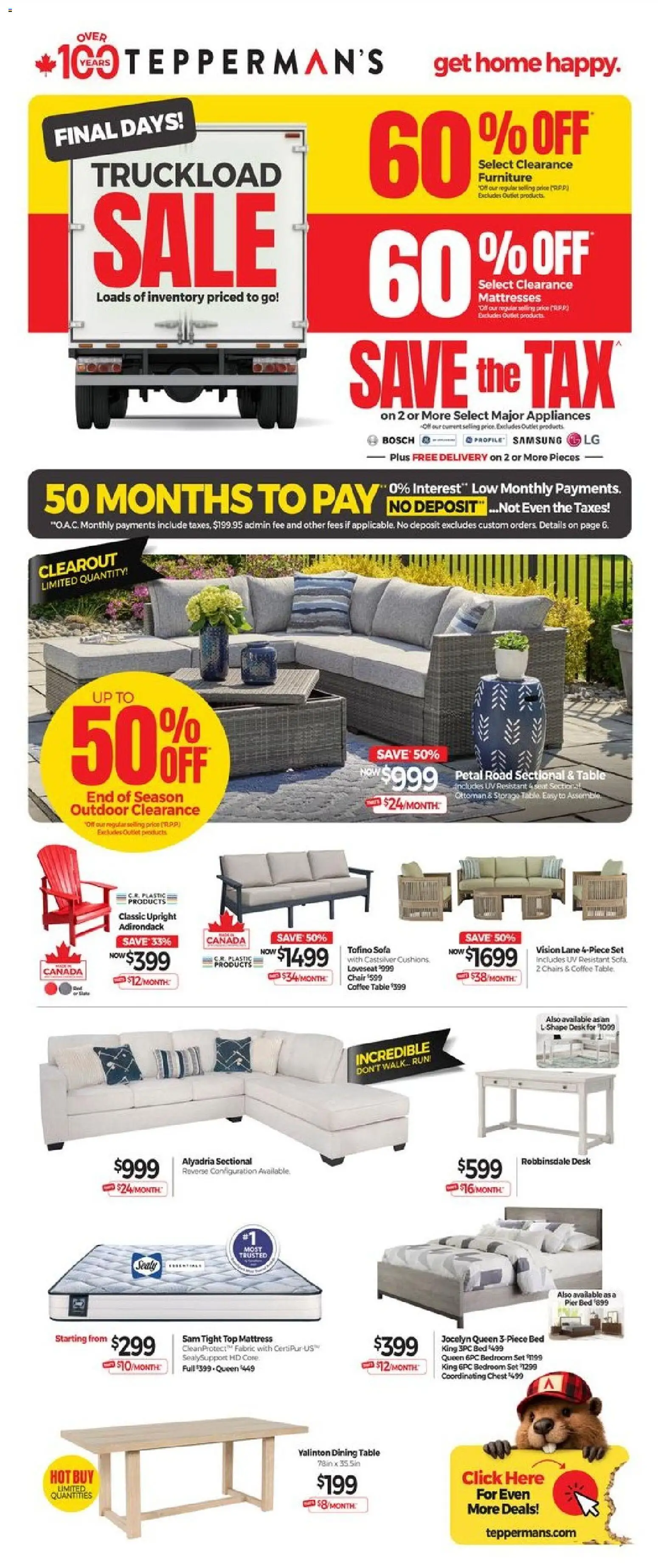Tepperman's flyer valid from Aug 21, 2026 | Page: 5 | Products: Mattresses, Coffee table, Table, Chair