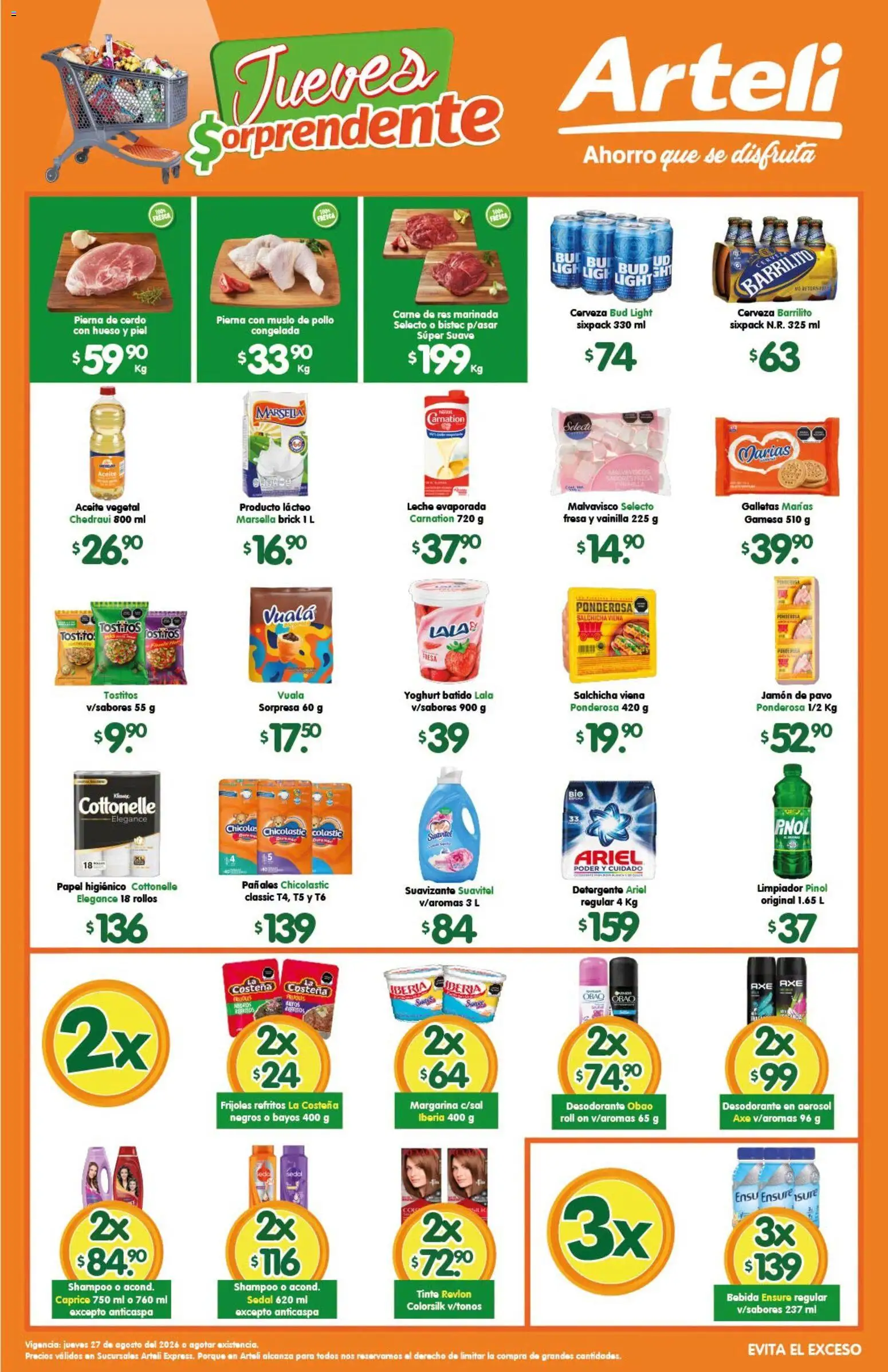 Nuevas ofertas de Arteli válidas en toda la República Mexicana desde el 27/08/2026. ¡Encuentra las mejores ofertas en Arteli folleto Express! | Página: 1 | Productos: Leche, Aceite, Cerdo, Shampoo