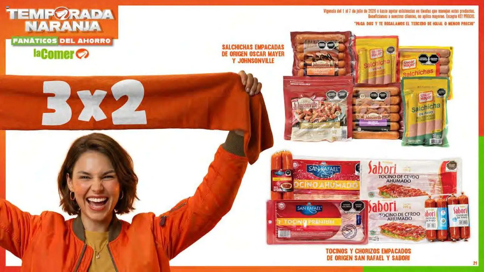Nuevas ofertas de La Comer válidas en toda la República Mexicana desde el 01/07/2026. ¡Encuentra las mejores ofertas en La Comer folleto! | Página: 21 | Productos: Tocino, Cerdo, Chorizo, Té