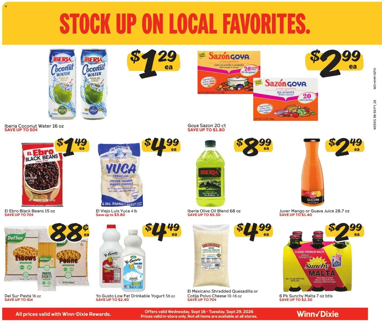 Winn Dixie Ad - valid from 09/16/2026 | Page: 4 | Products: Olive oil, Cereal, Spaghetti, Weight