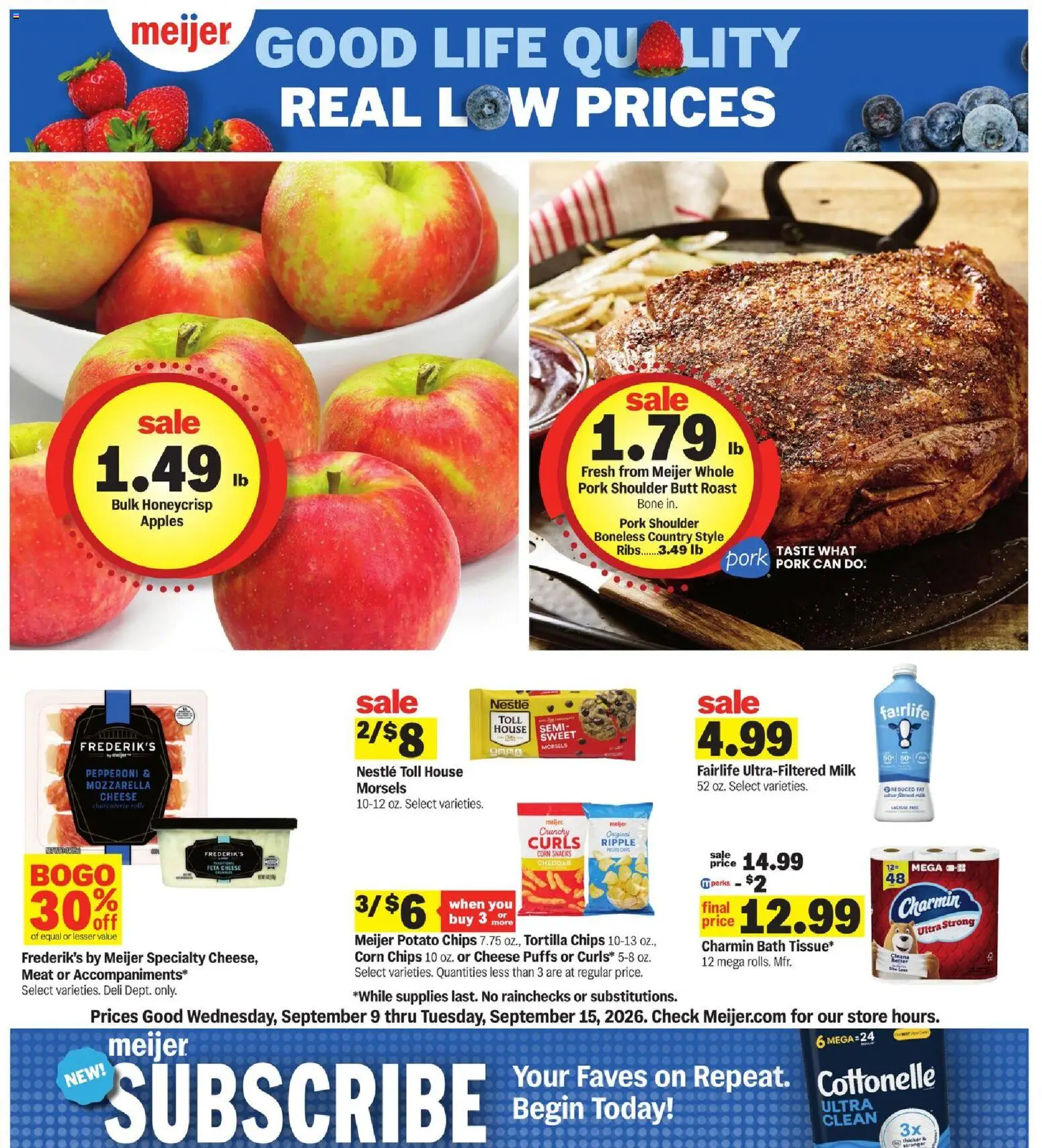 Meijer Weekly Ad - valid from 09/09/2026 | Page: 1 | Products: Meat, Potato chips, Chips, Mozzarella