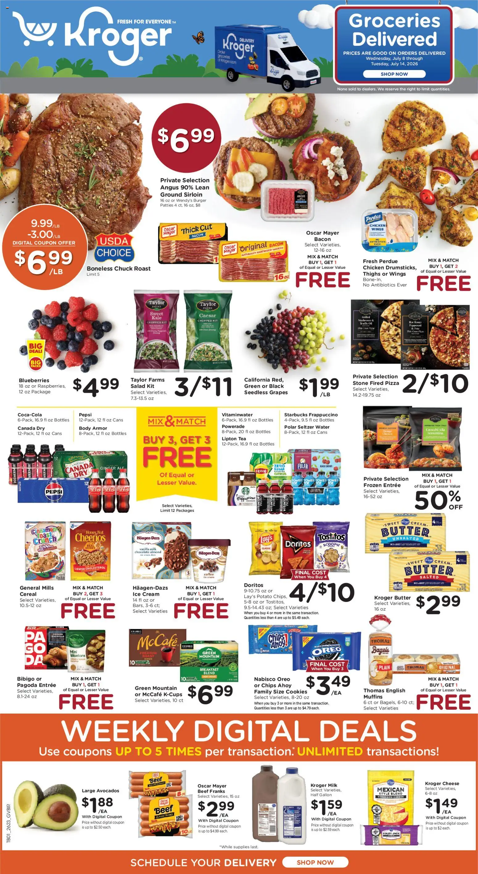 Kroger Ad - valid from 07/08/2026 | Page: 1 | Products: Vitamin, Pizza, Cookies, Grapes
