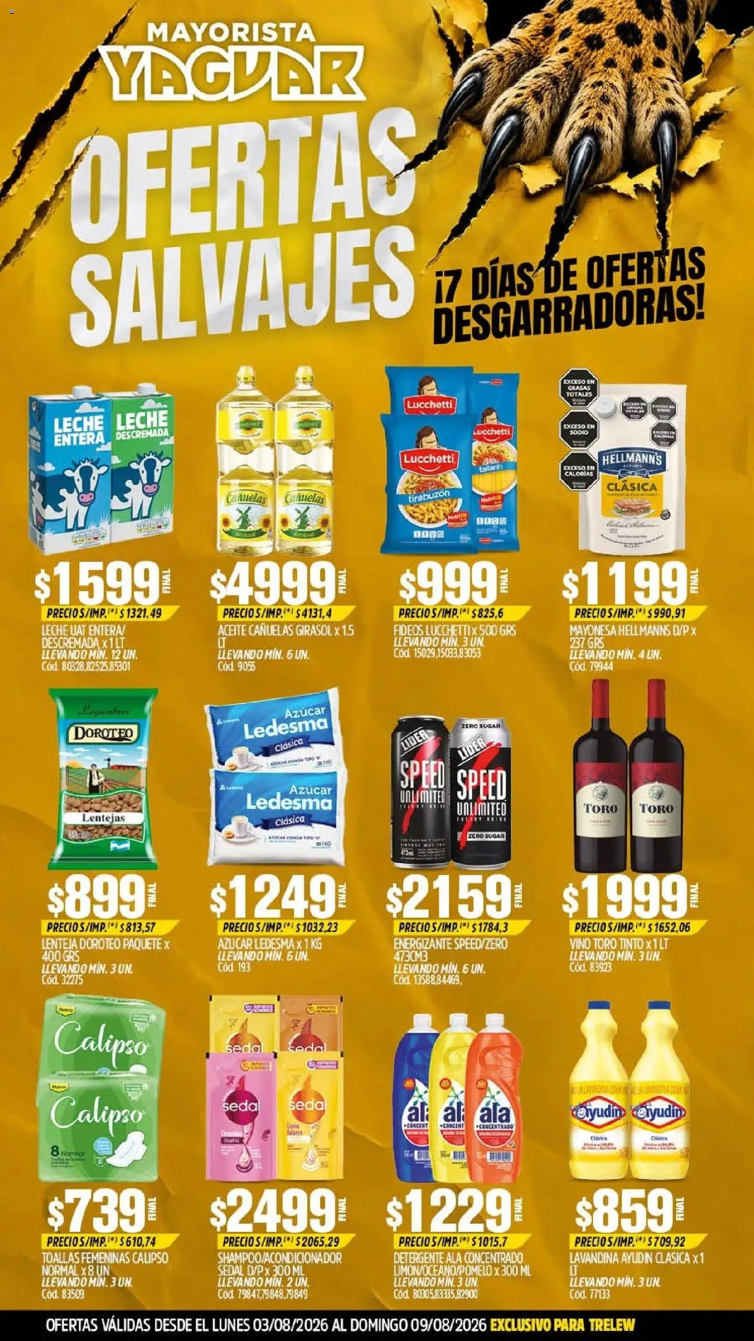 Yaguar - Oferta Semanal Trelew │ válido desde el 03/08/2026 | Página: 1 | Productos: Lentejas, Detergente, Vino, Fideos