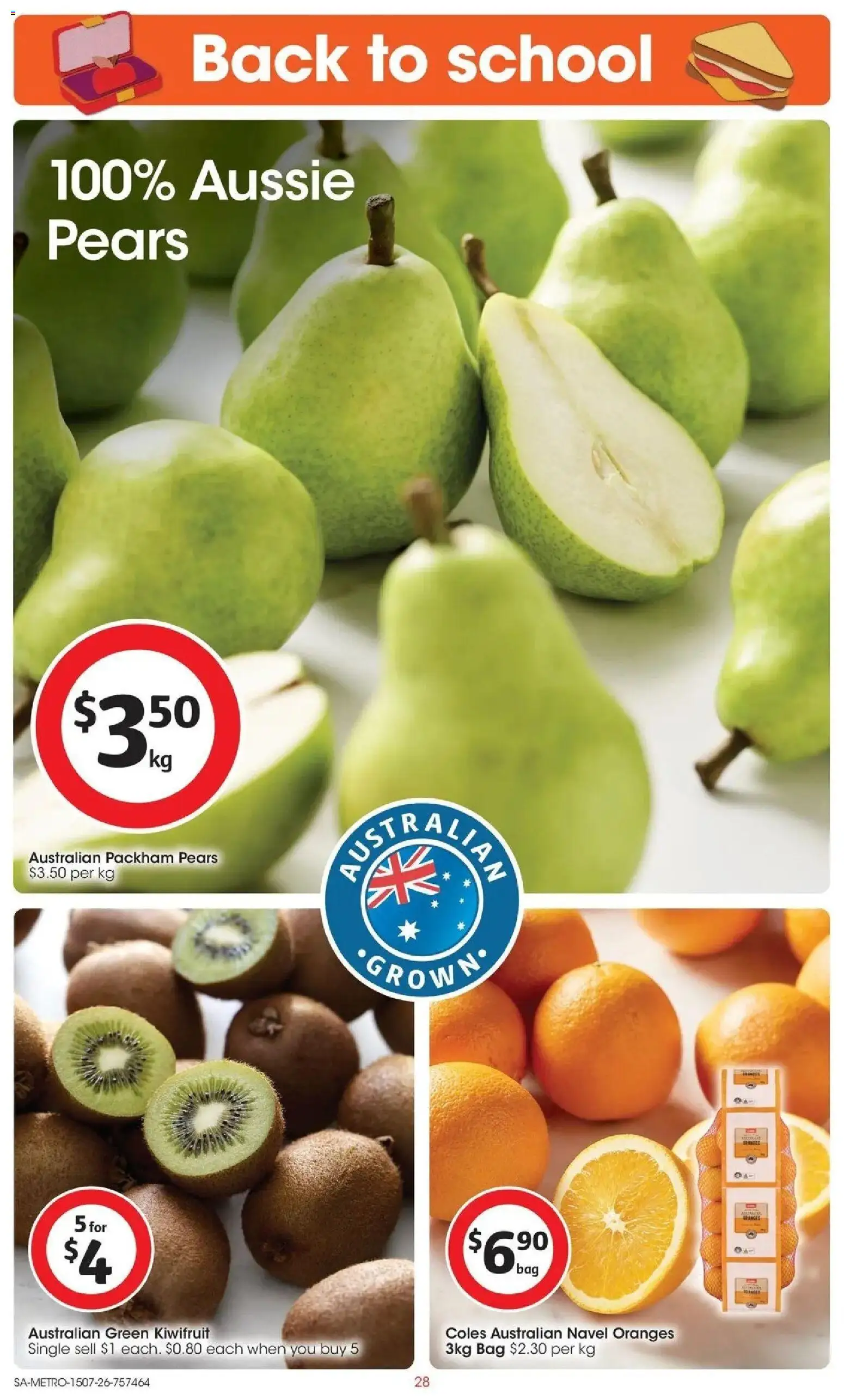 Coles catalogue - valid from 15/07/2026 | Page: 28 | Products: Oranges, Kiwifruit, Pears, Bag