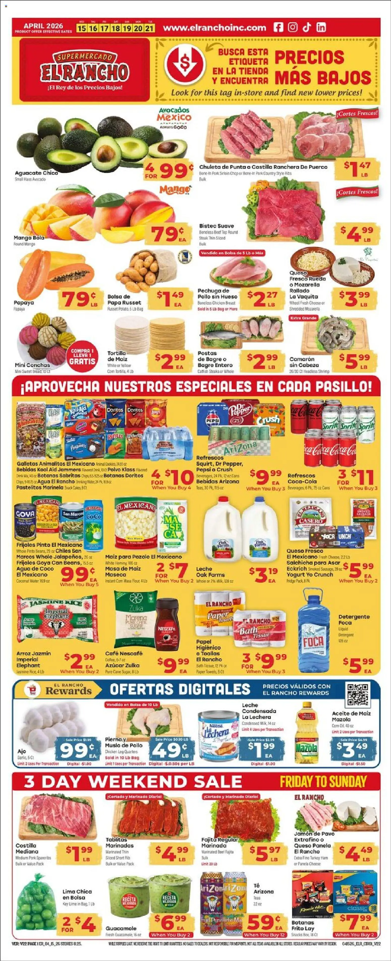 El Rancho Weekly Ad - valid from 15.04.2026 | Page: 1 | Products: Bath, Cheese, Chips, Avocado