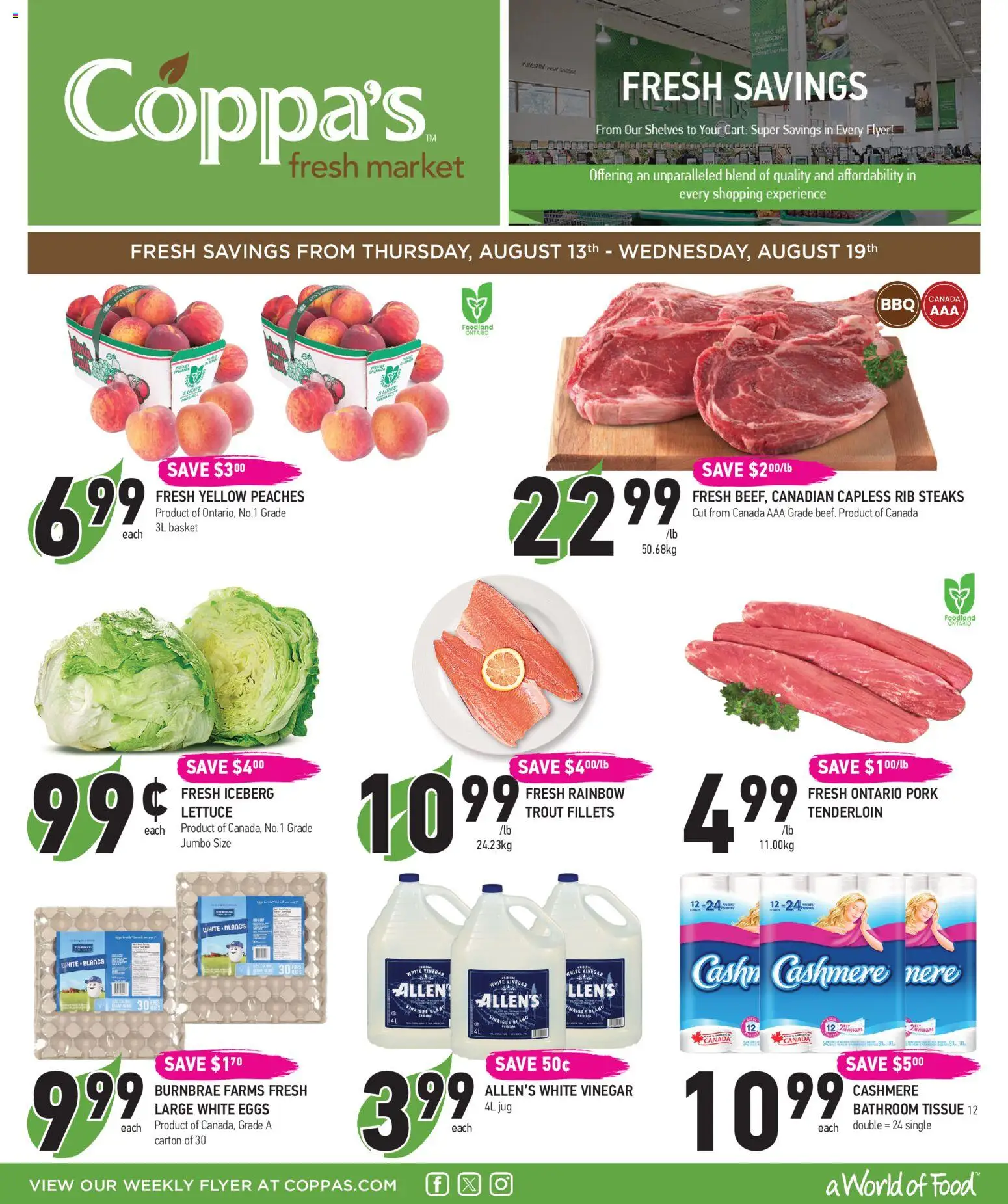 Coppas Fresh Market flyer valid from Aug 13, 2026 | Page: 1 | Products: Trout, Vinegar, Basket, Eggs