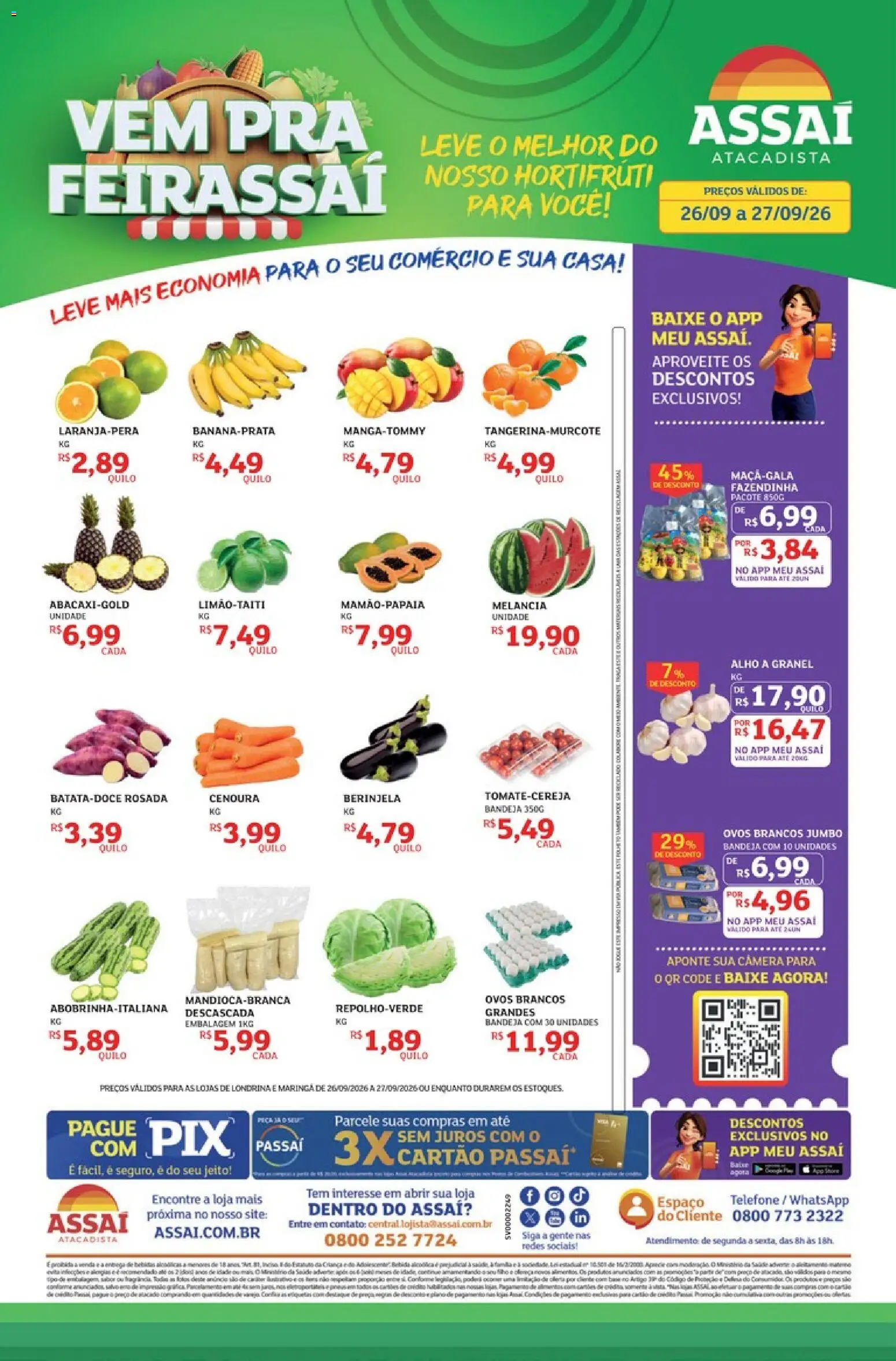 Assaí Atacadista Folheto - válido de 26/09/2026 | Página: 1 | Produtos: Berinjela, Ovos, Cenoura, Telefone