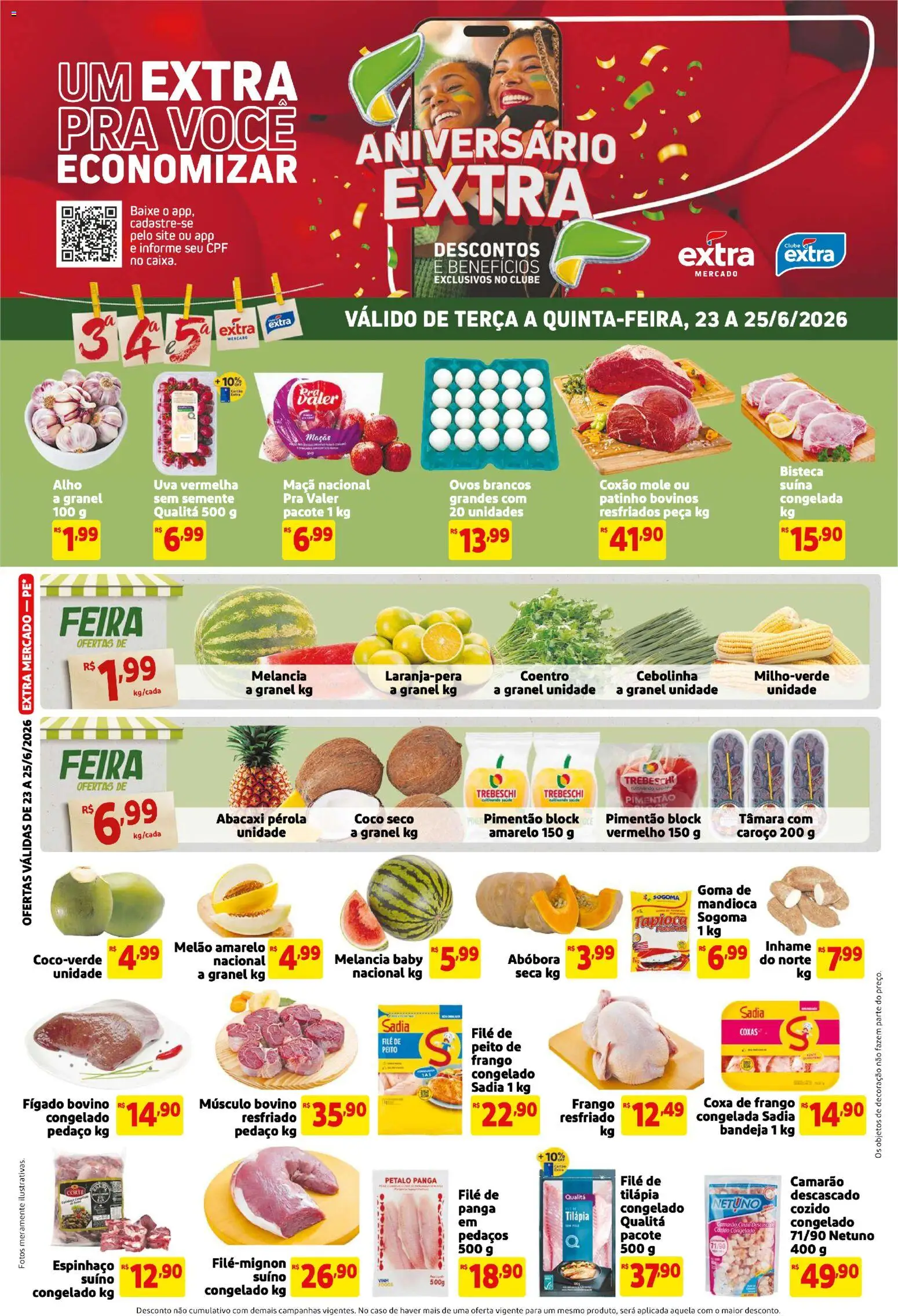 Extra Folheto - válido de 23/06/2026 | Página: 1 | Produtos: Melão, Tilápia, Maçãs, Peito de frango