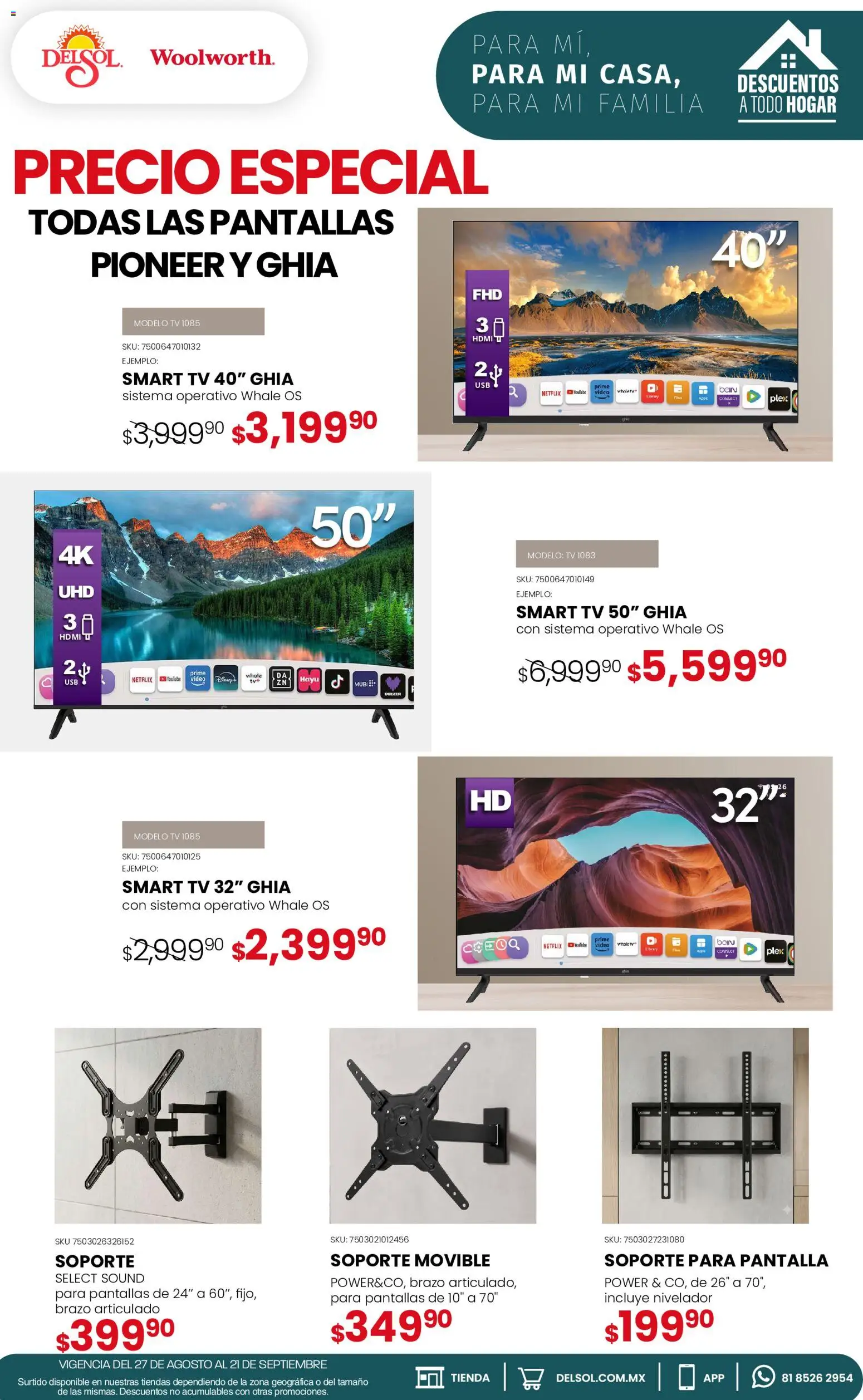 Nuevas ofertas de Del Sol y Woolworth válidas en toda la República Mexicana desde el 27/08/2026. ¡Encuentra las mejores ofertas en Del Sol y Woolworth catálogo! | Página: 28 | Productos: Pantallas