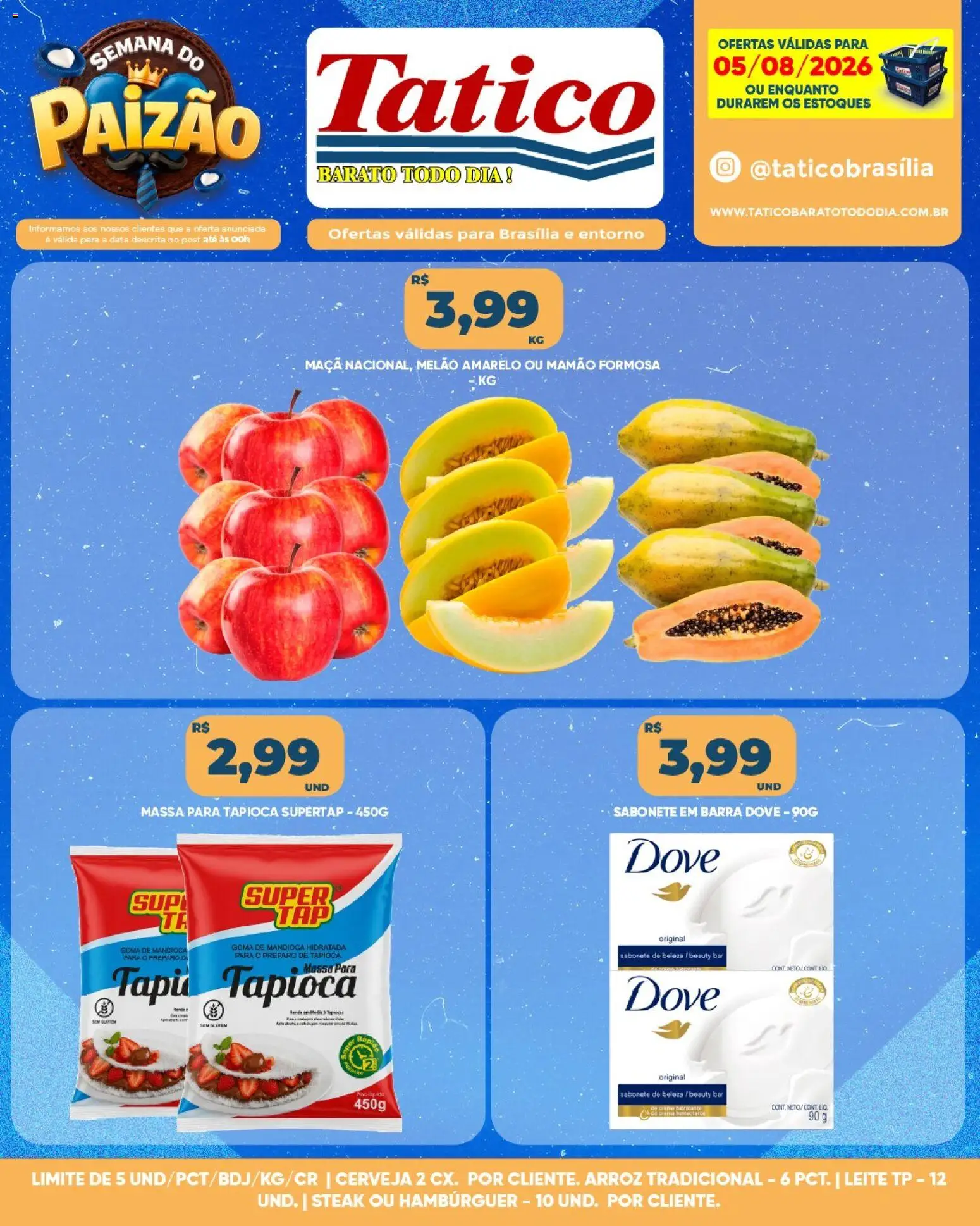 Tatico Folheto - válido de 05/08/2026 | Página: 3 | Produtos: Melão, Cerveja, Hambúrguer, Dove